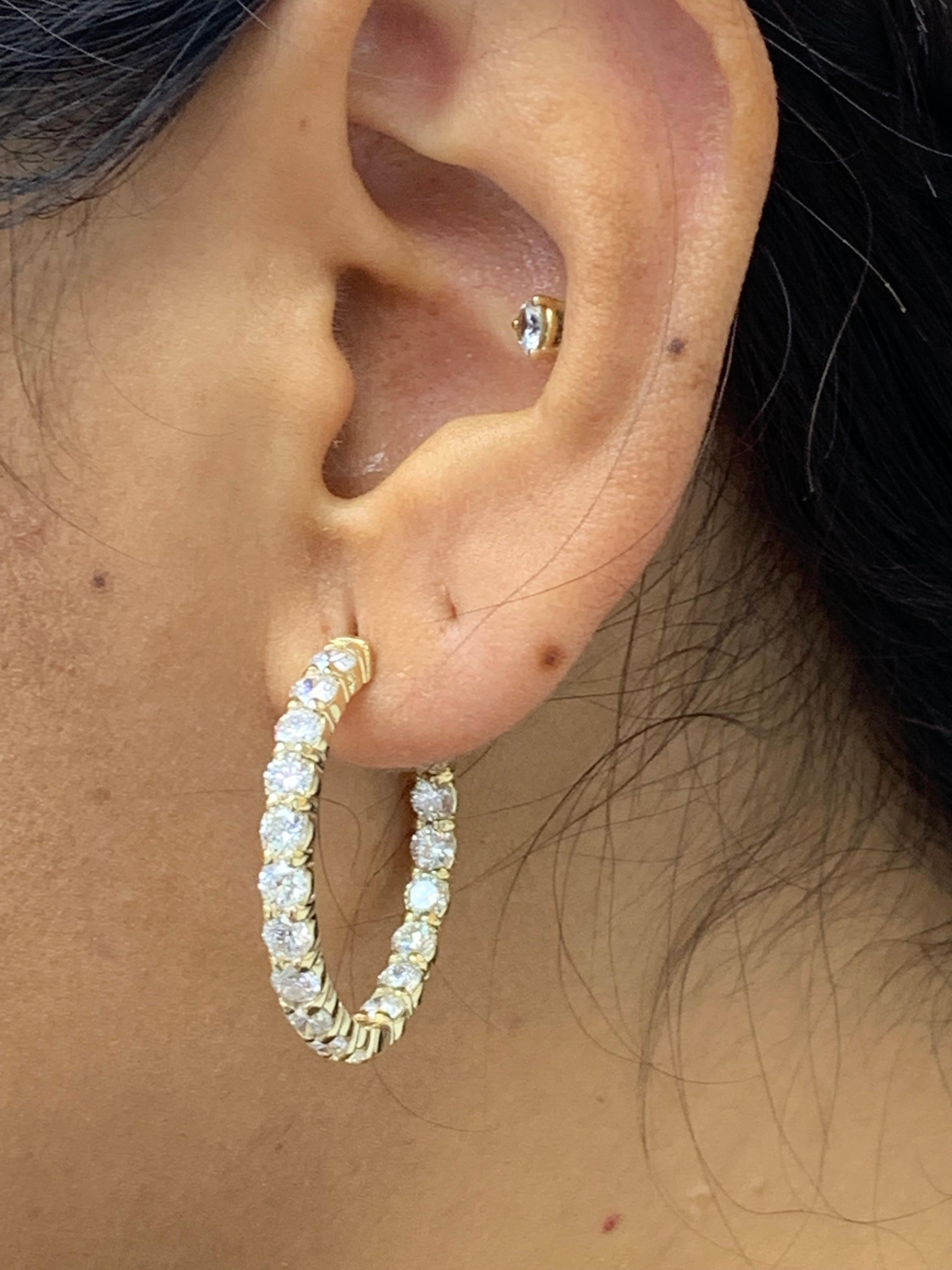 5.10 Carat Round Cut Diamond Hoop Earrings in 14K Yellow Gold For Sale 1