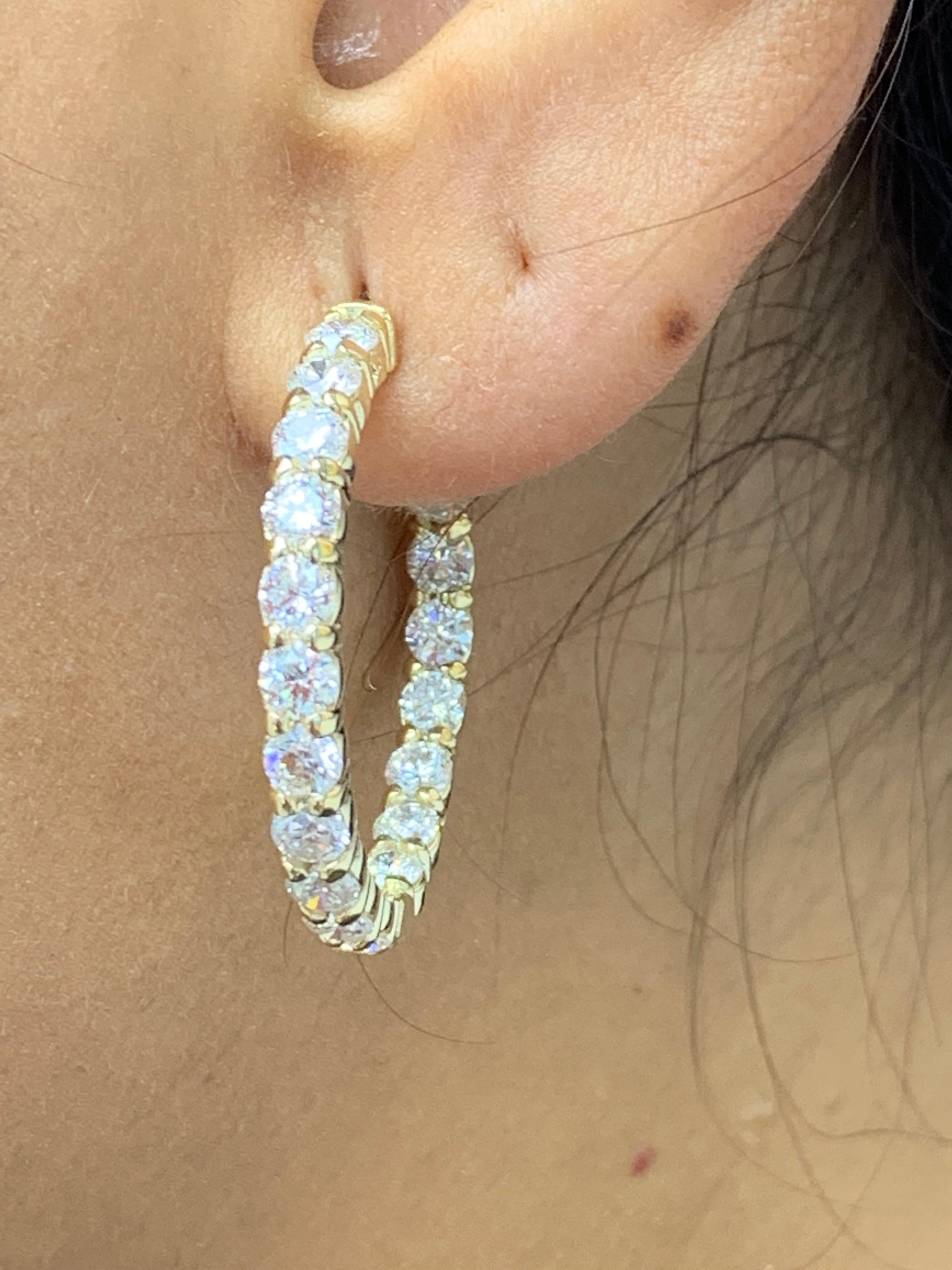 5.10 Carat Round Cut Diamond Hoop Earrings in 14K Yellow Gold For Sale 2