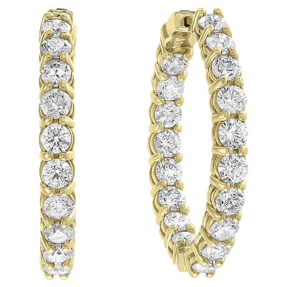 5.10 Carat Round Cut Diamond Hoop Earrings in 14K Yellow Gold For Sale
