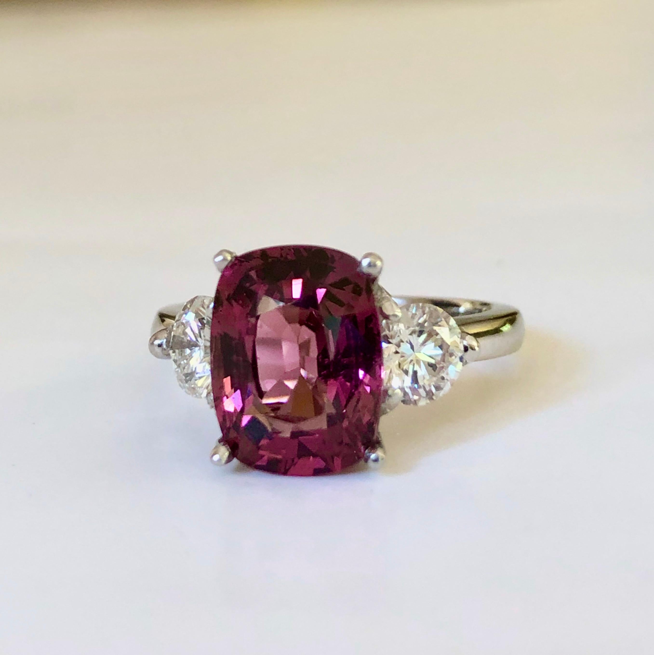 5.10 Carat Spinel and Diamond Three-Stone Platinum Engagement Ring, No Heat For Sale 5
