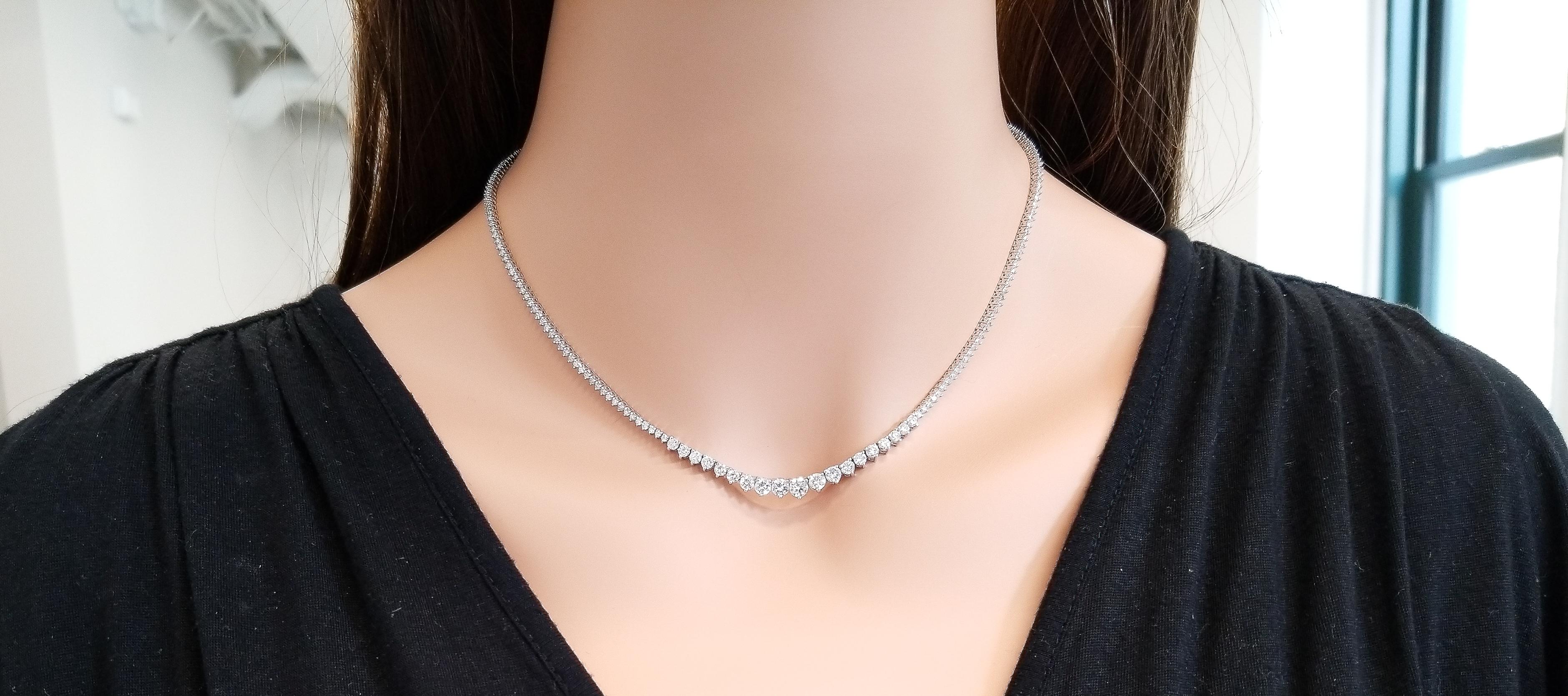 Nothing says luxury like this stunning Riviera diamond necklace. This beautiful 14 karat white gold 16-inch long necklace boasts a total of 214 sparkling round brilliant cut diamonds placed in secure 3-prong settings, totaling 5.10 carats of