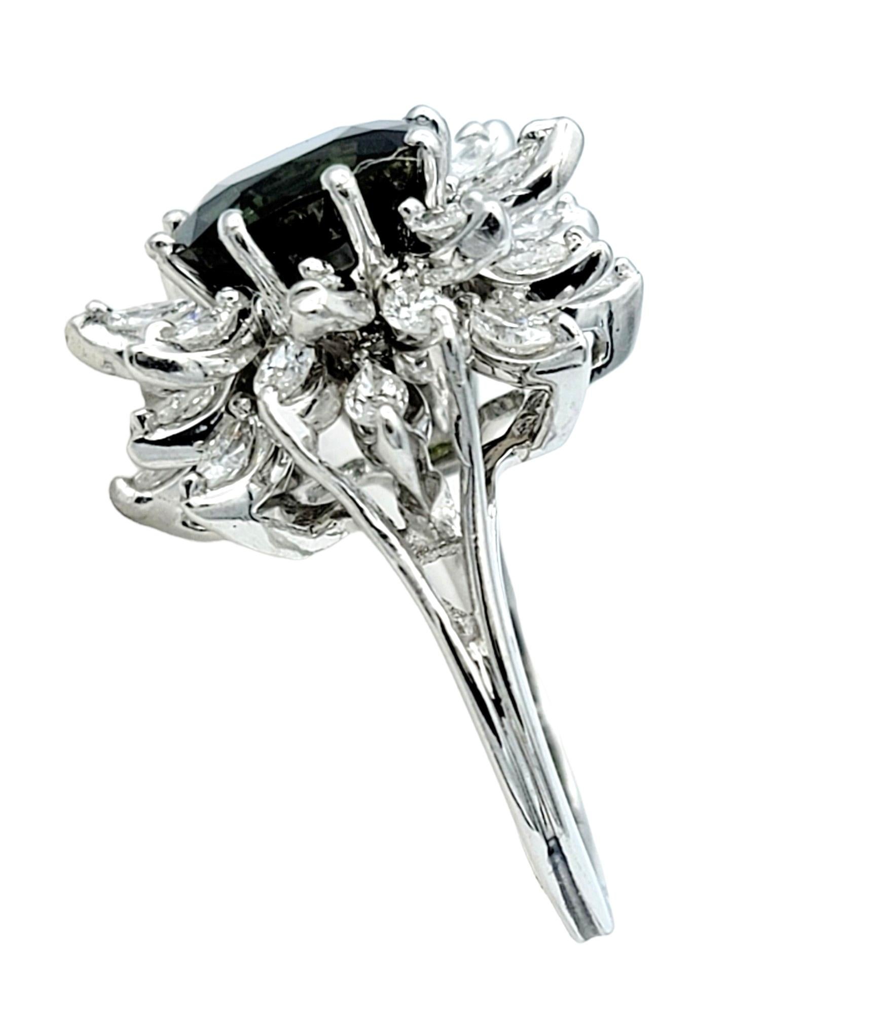 Contemporary 5.10 Carat Total Green Sapphire and Diamond Flower Cocktail Ring in White Gold For Sale