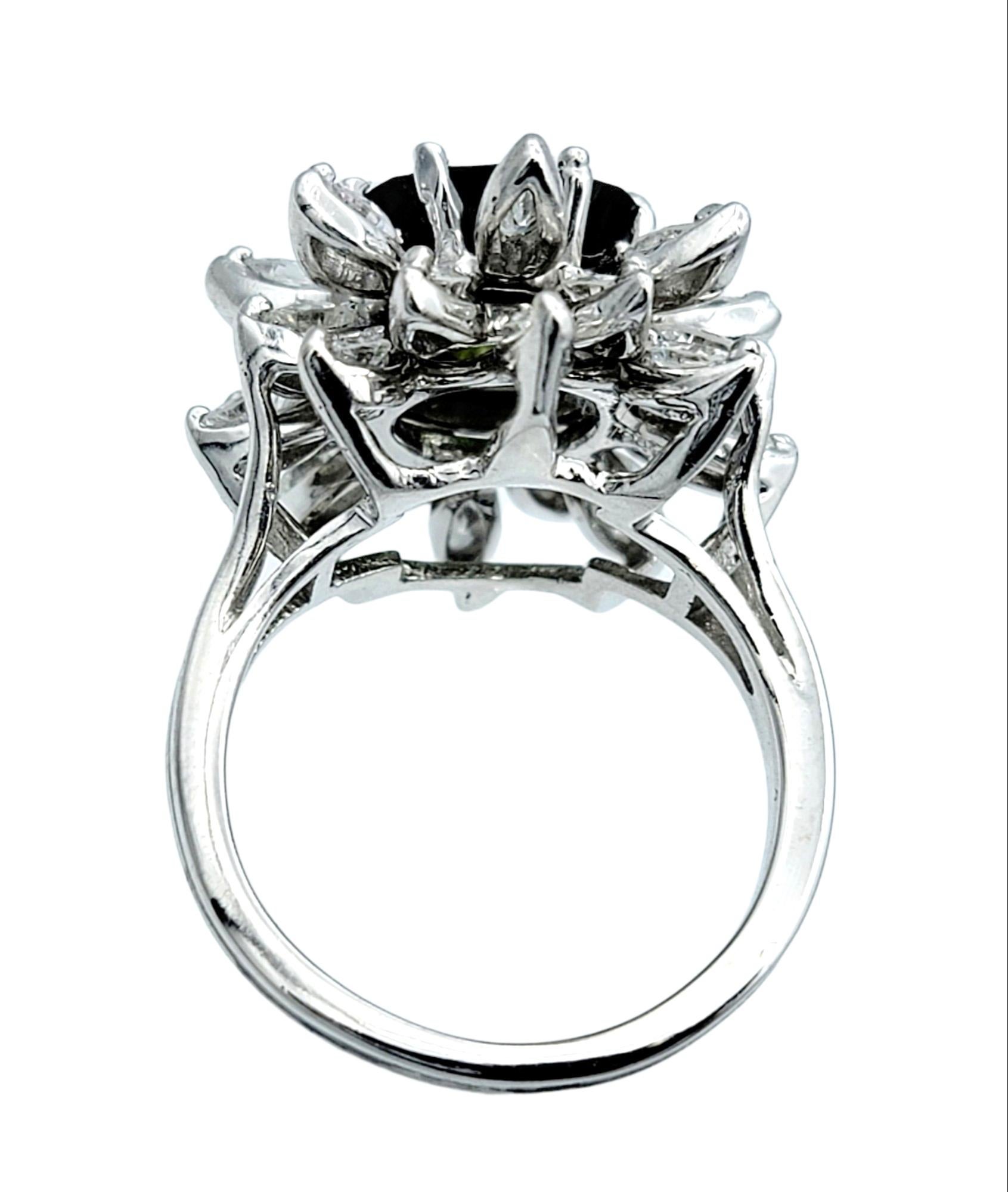 Cushion Cut 5.10 Carat Total Green Sapphire and Diamond Flower Cocktail Ring in White Gold For Sale