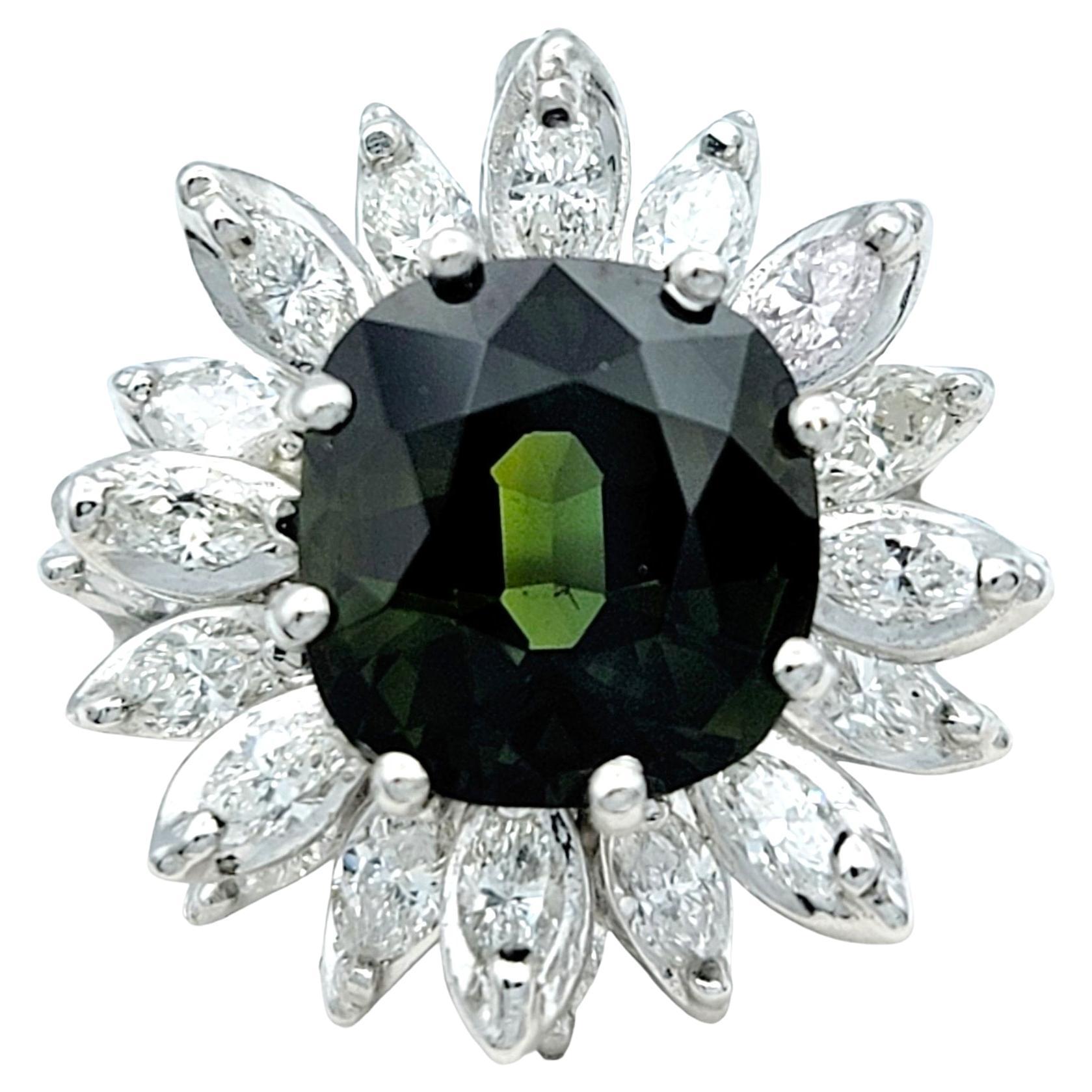 5.10 Carat Total Green Sapphire and Diamond Flower Cocktail Ring in White Gold