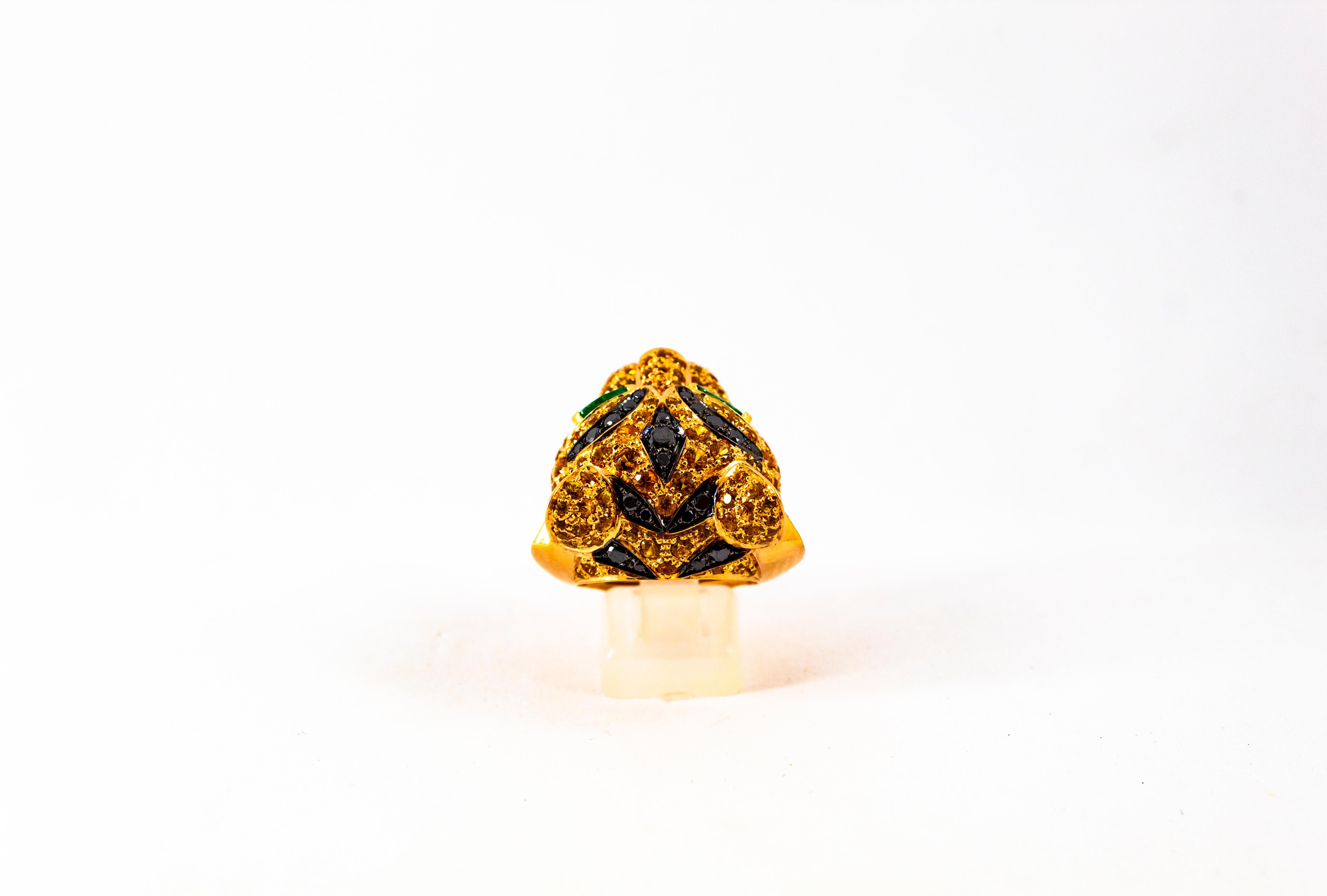 Modern 5.10 Carat Yellow Sapphire Emerald Black & White Diamond Yellow Gold Tiger Ring