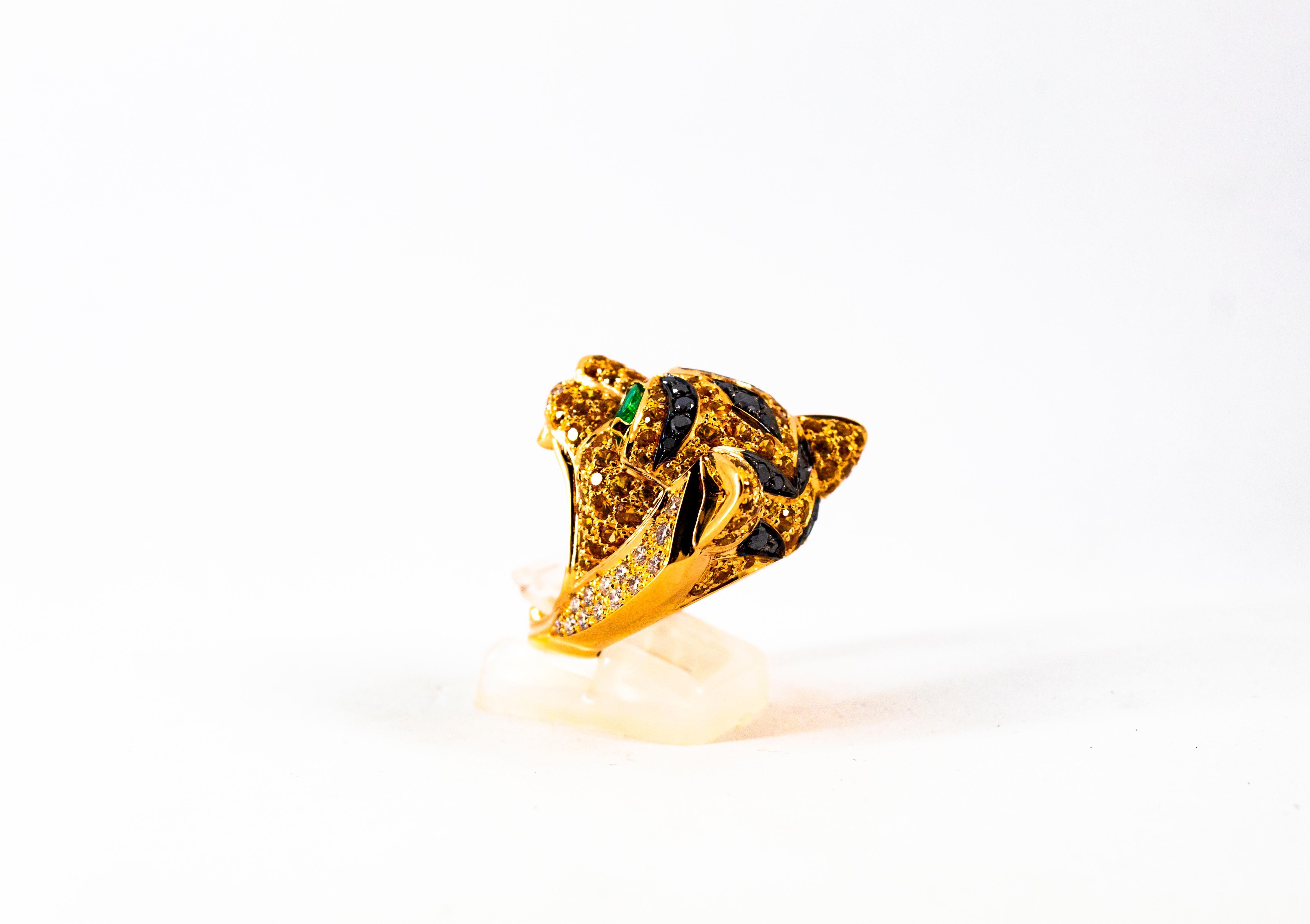 5.10 Carat Yellow Sapphire Emerald Black & White Diamond Yellow Gold Tiger Ring In New Condition In Naples, IT