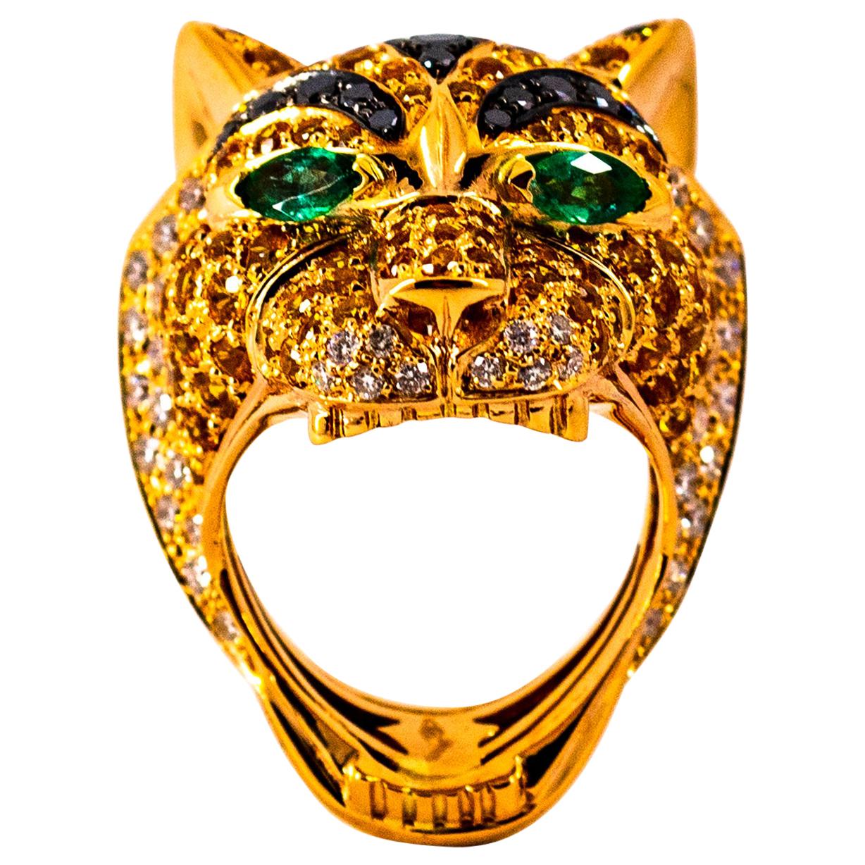 5.10 Carat Yellow Sapphire Emerald Black & White Diamond Yellow Gold Tiger Ring