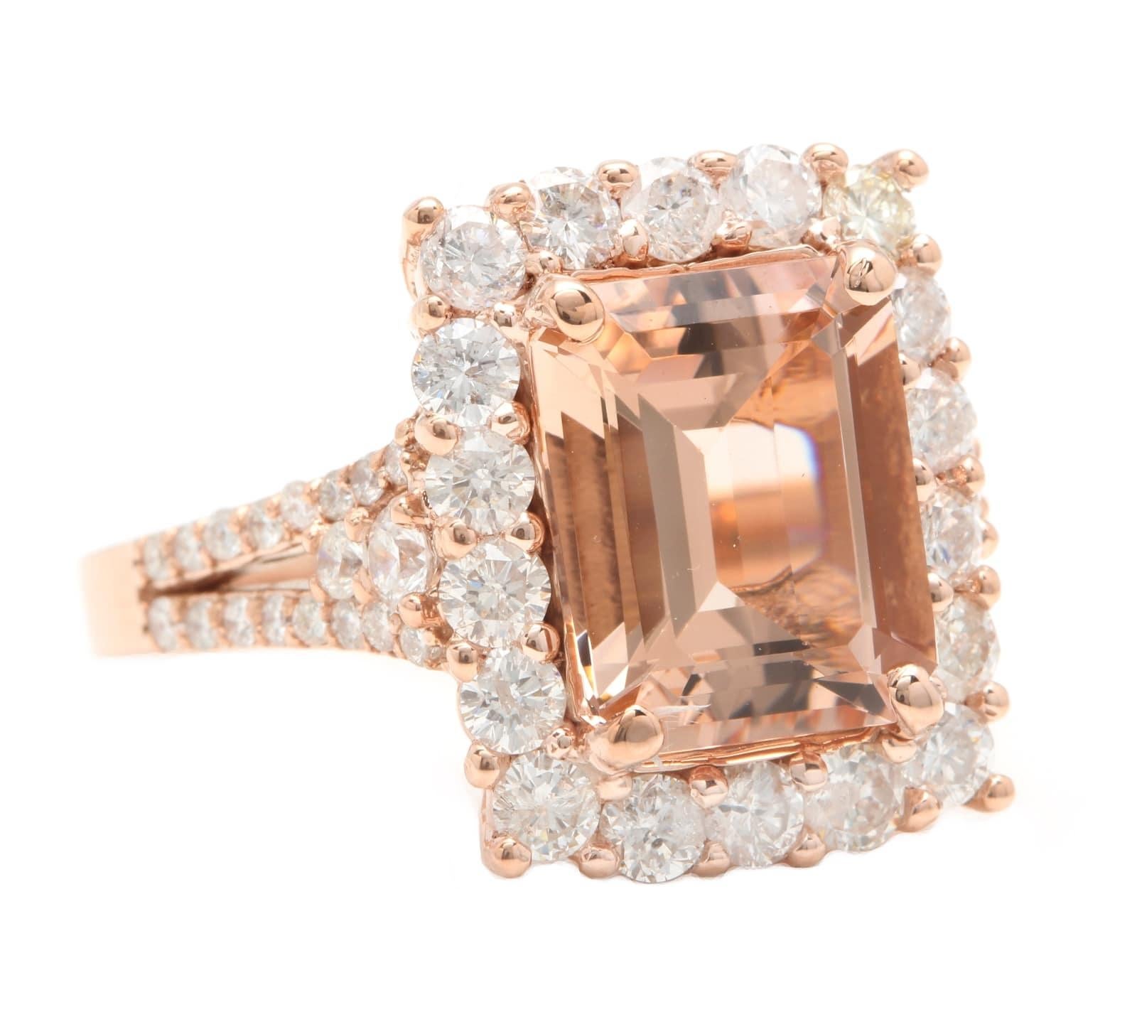 5.10 Carats Exquisite Natural Morganite and Diamond 14K Solid Rose Gold Ring

Suggested Replacement Value: $7,000.00

Total Natural Cushion Morganite Weights: Approx. 3.50 Carats

Morganite Measures: Approx. 11.00 x 9.00mm

Natural Round Diamonds