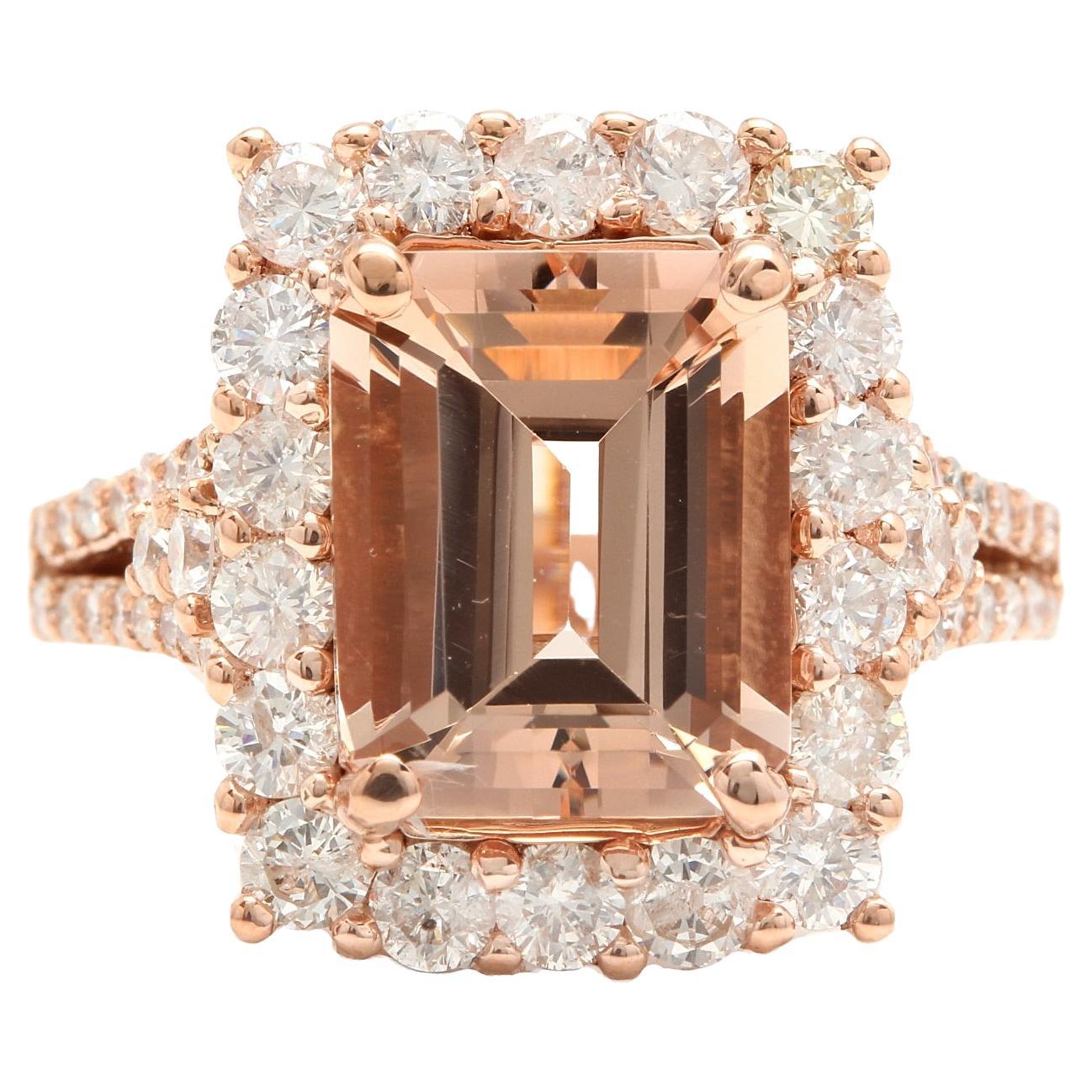 5.10 Carats Exquisite Natural Morganite and Diamond 14K Solid Rose Gold Ring