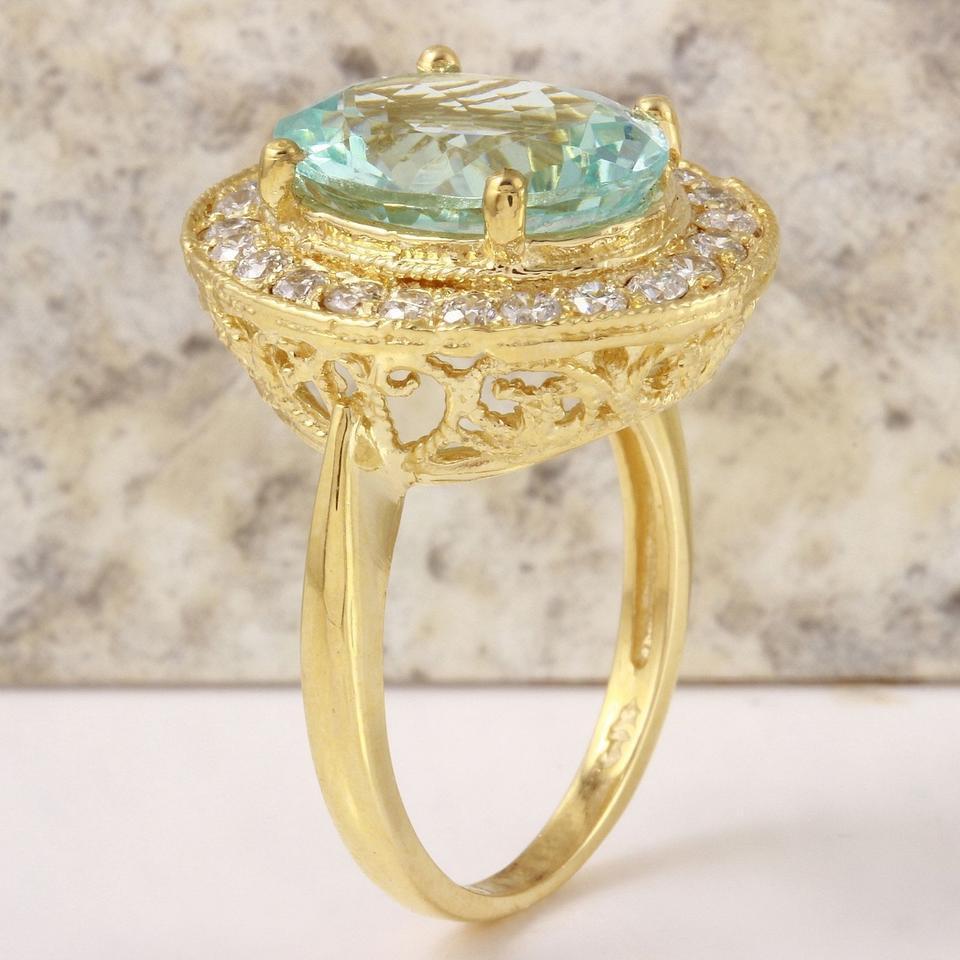 Rose Cut 5.10 Carat Natural Aquamarine and Diamond 14 Karat Solid Yellow Gold Ring For Sale