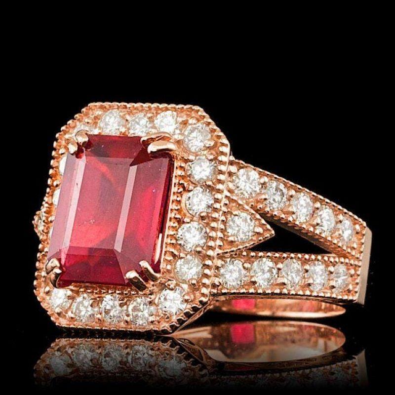 5.10 Carats Natural Red Ruby and Diamond 14K Solid Rose Gold Ring

Total Natural Red Ruby Weight is: Approx. 3.90 Carat

Ruby Measures: Approx. 8.00 x 10.00mm

Ruby treatment: Fracture Filling

Natural Round Diamonds Weight: Approx. 1.20 Carats