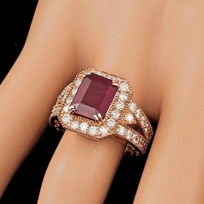 Mixed Cut 5.10 Carats Natural Red Ruby and Diamond 14K Solid Rose Gold Ring For Sale