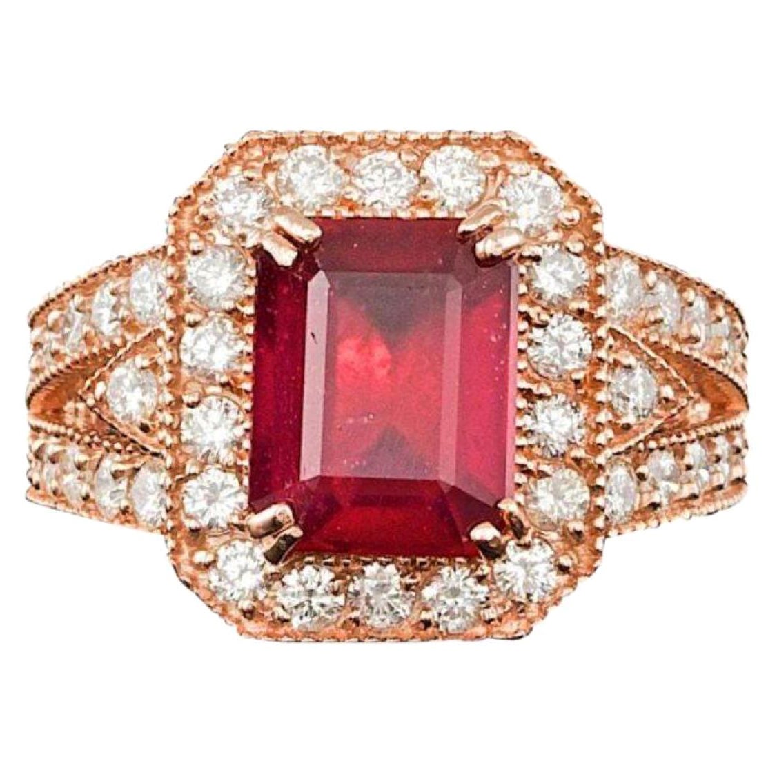 Anello con rubino rosso naturale e diamanti da 5,10 carati in oro rosa massiccio 14K