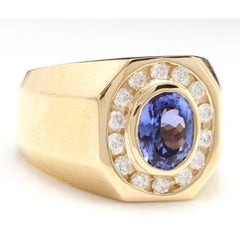 5.10 Carat Natural Tanzanite and Diamond 14 Karat Solid Yellow Gold Men's Ring