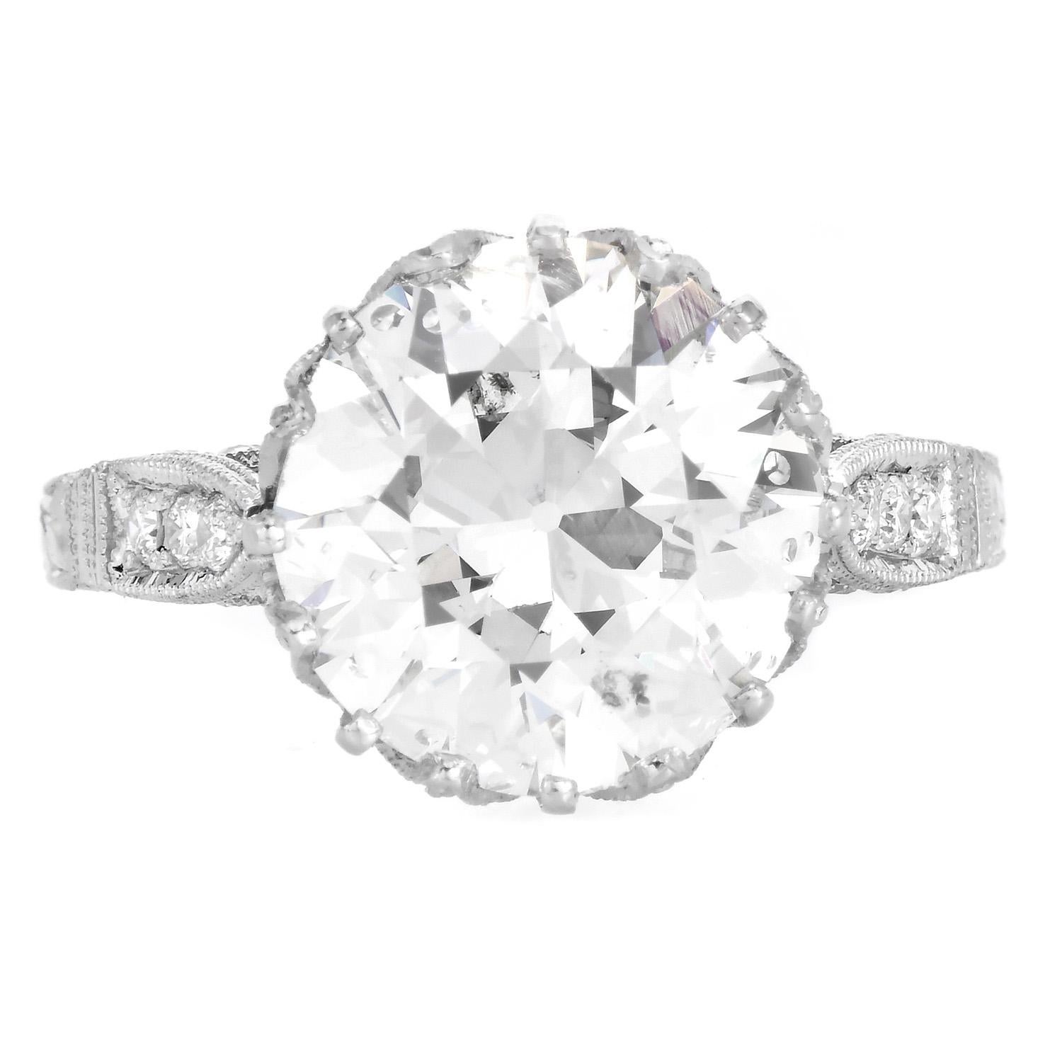 Re-live the past with this astonishing European-cut diamond 18k white gold  Engagement Ring.

The Center is showcased with a stunning 4.70-carat Round European cut diamond full of sparkle, set in prongs, J color, and SI2 clarity ( very clean