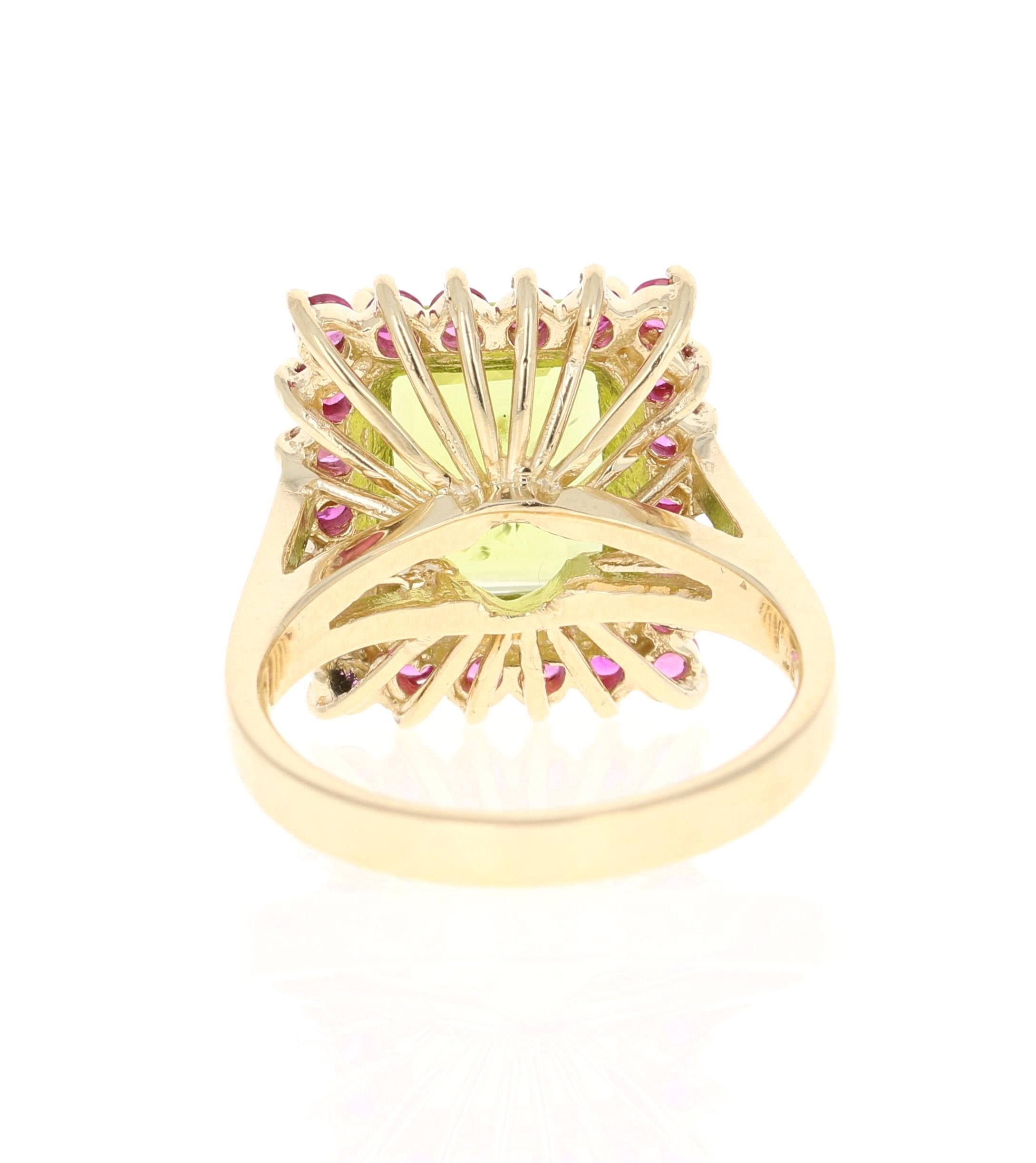 Emerald Cut 5.10 Peridot Pink Sapphire 14 Karat Yellow Gold Cocktail Ring For Sale
