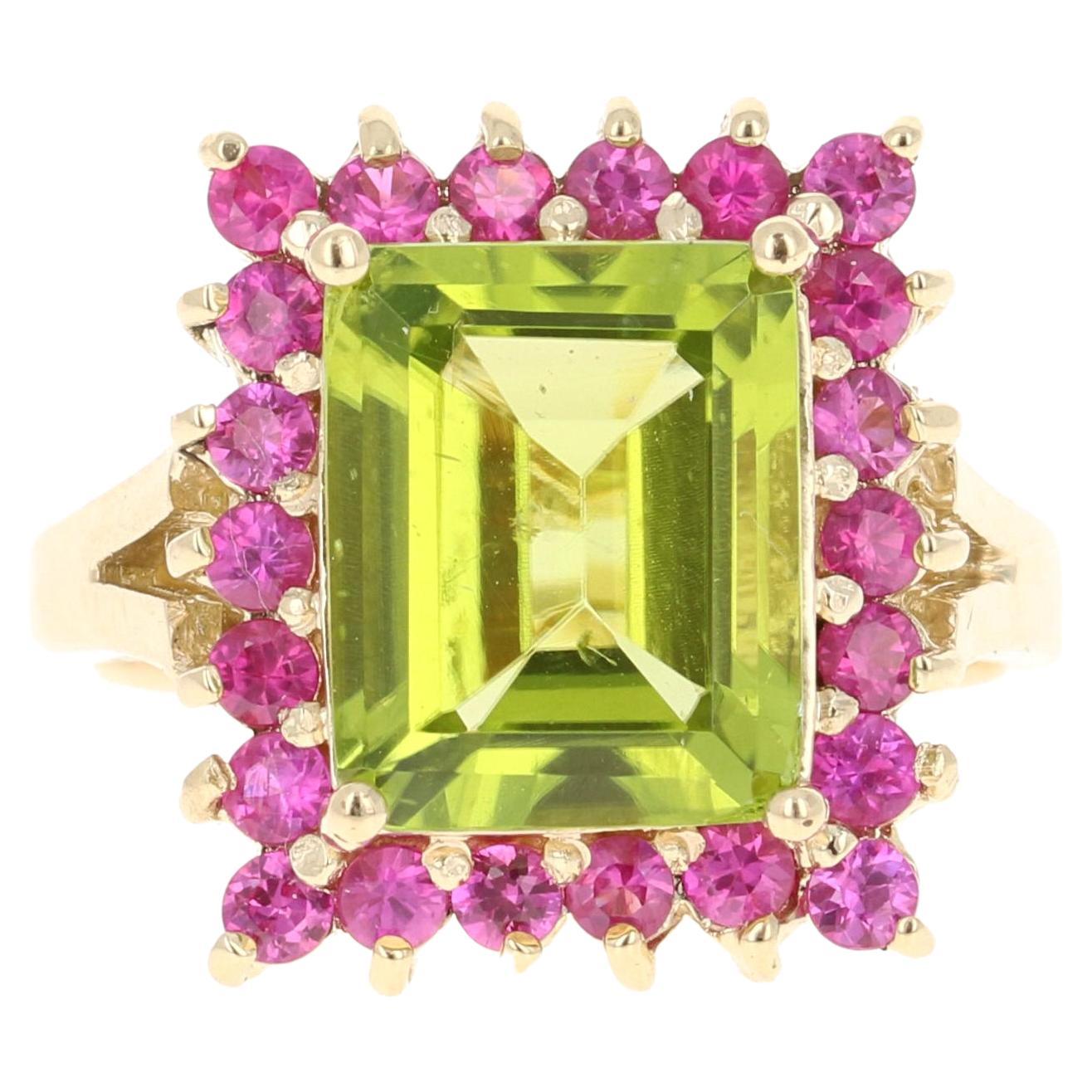 5.10 Peridot Pink Sapphire 14 Karat Yellow Gold Cocktail Ring For Sale