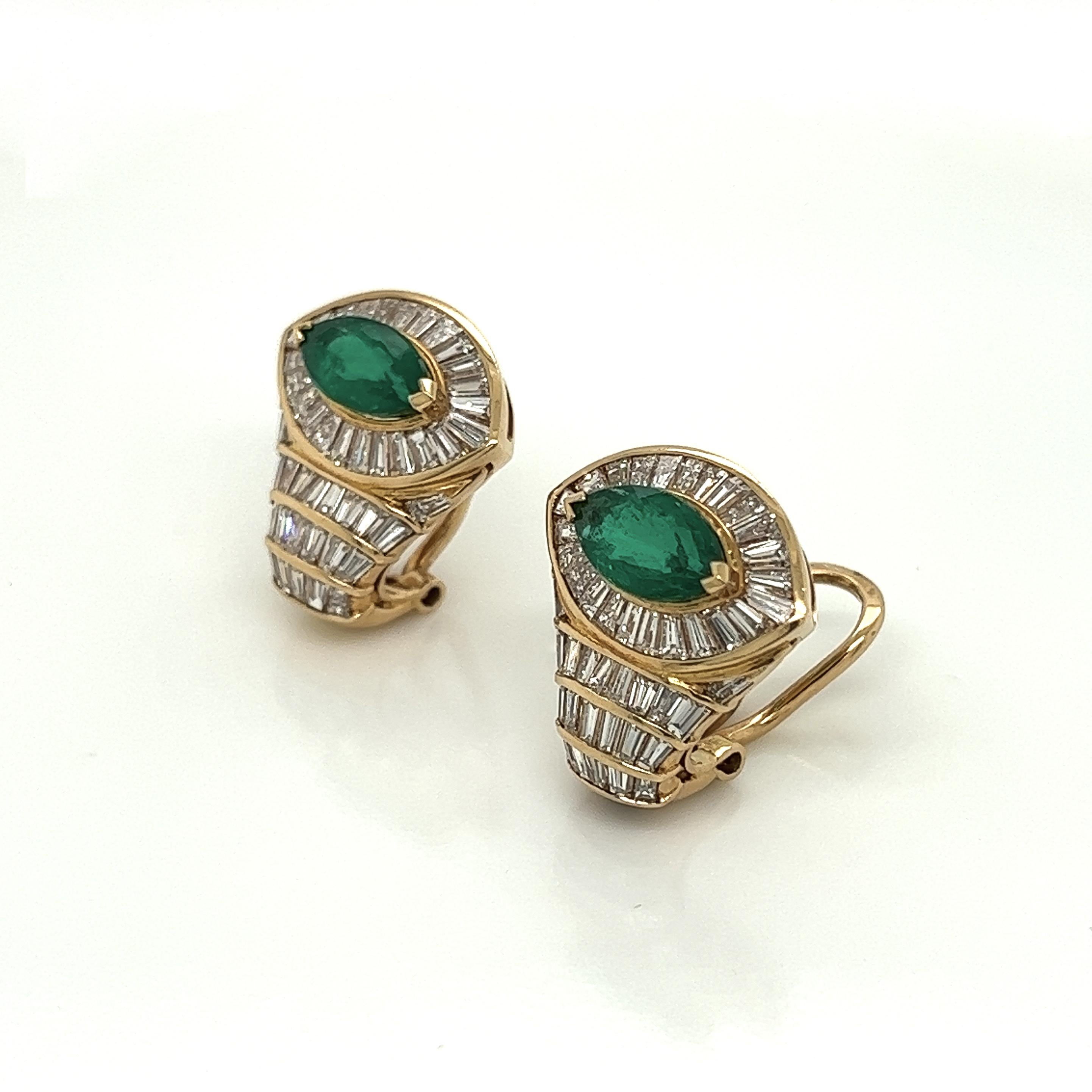 5.10 Total Carat 18K Yellow Gold Diamond & Colombian Marquise Emerald Earrings In New Condition For Sale In New York, NY