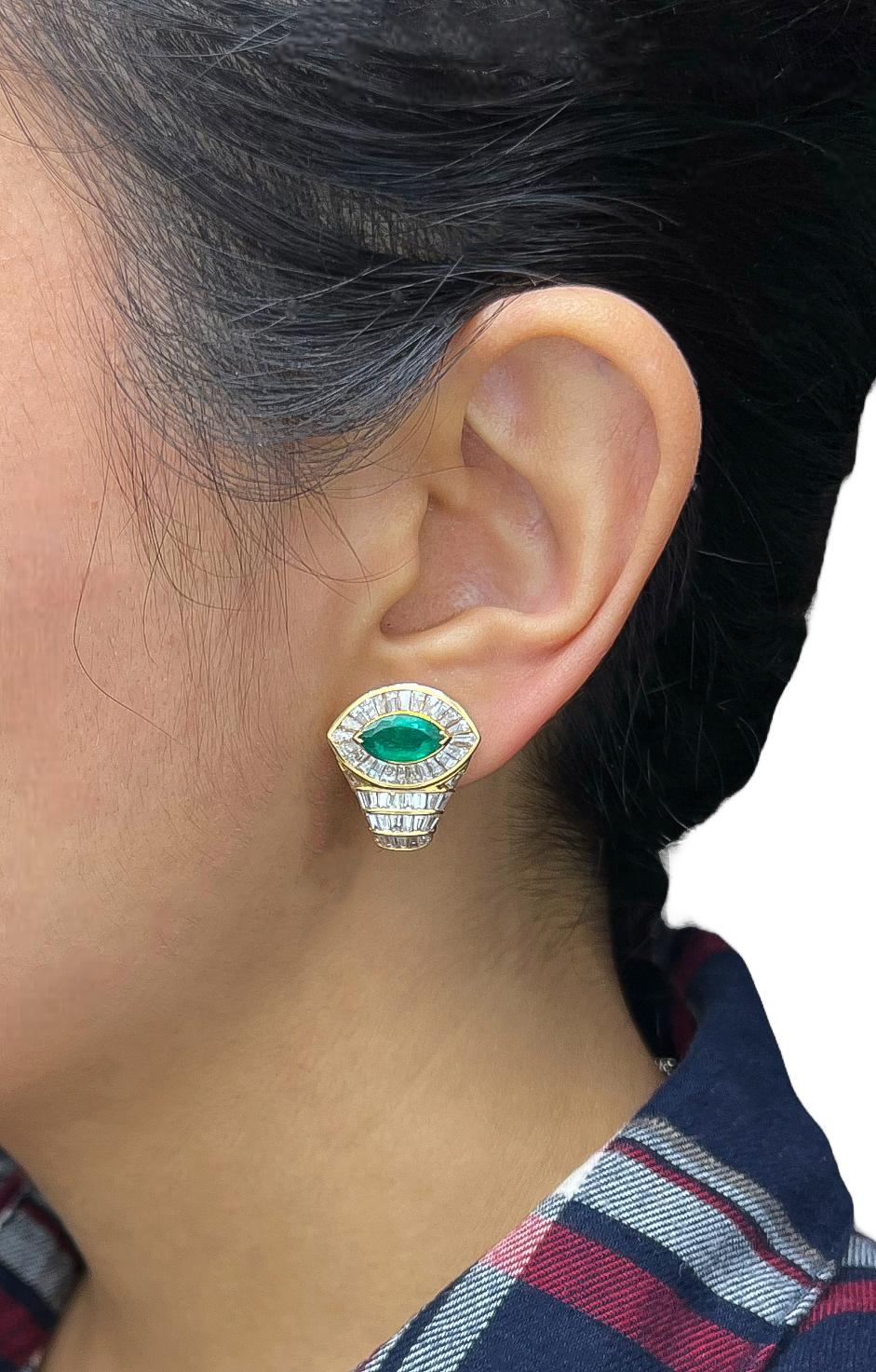 5.10 Total Carat 18K Yellow Gold Diamond & Colombian Marquise Emerald Earrings For Sale 3