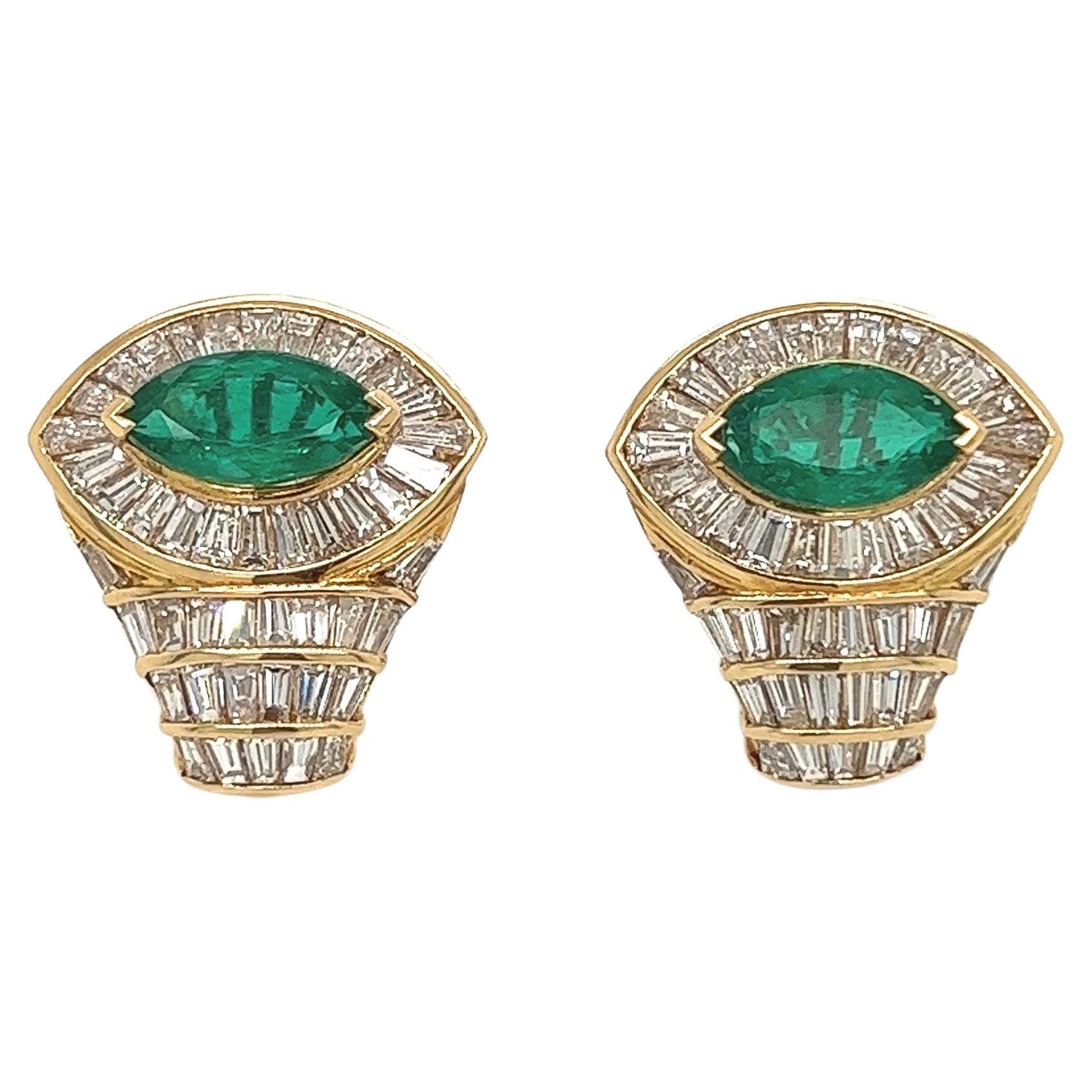 5.10 Total Carat 18K Yellow Gold Diamond & Colombian Marquise Emerald Earrings For Sale