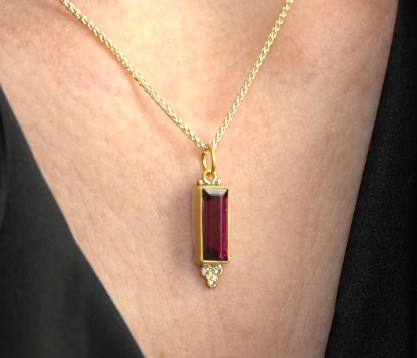 Rectangular Tourmaline Charm Pendant Necklace with Diamonds, 24kt Gold and Silver by Prehistoric Works of Istanbul, Turkey. Tourmaline - 5.10 cts, Diamonds - 0.06cts. Measures 7mm x 24mm, comes with 16