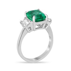 5.10tcw 18K Colombian Emerald & Diamond 3-Stone Ring, Rich Green, Prong Set 750