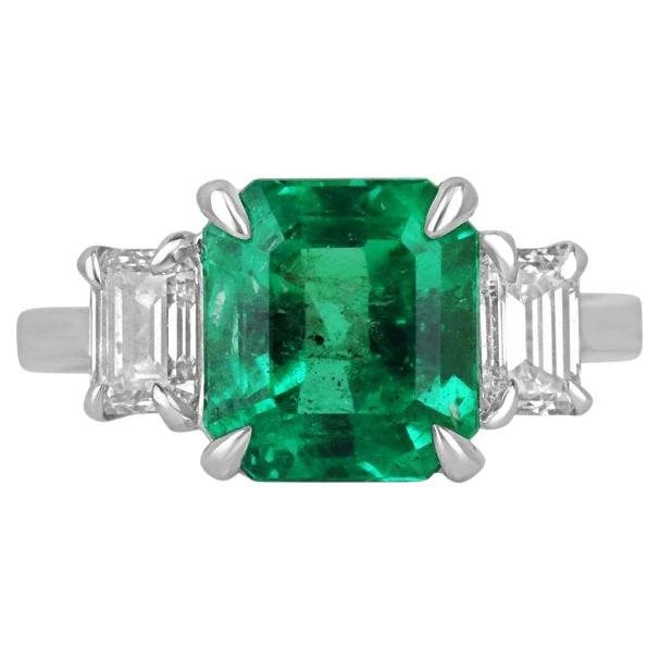 5.10tcw 18K Colombian Emerald & Diamond 3-Stone Ring, Rich Green, Prong Set 750