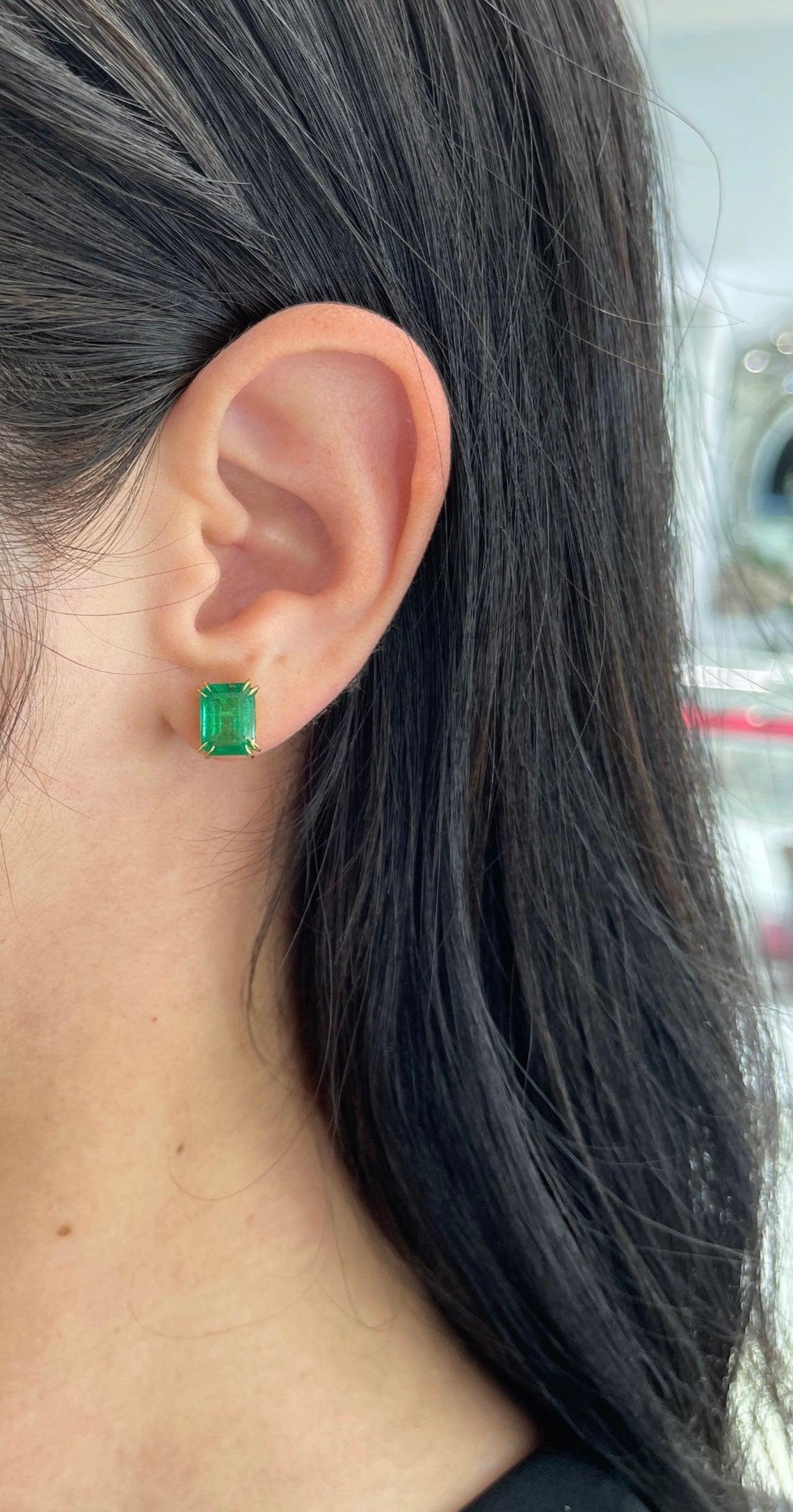 Women's 5.10tcw 18K Emerald, Emerald Cut Dark Green Vivid Stud Statement Earrings For Sale