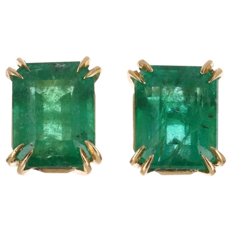 5.10tcw 18K Emerald, Emerald Cut Dark Green Vivid Stud Statement Earrings