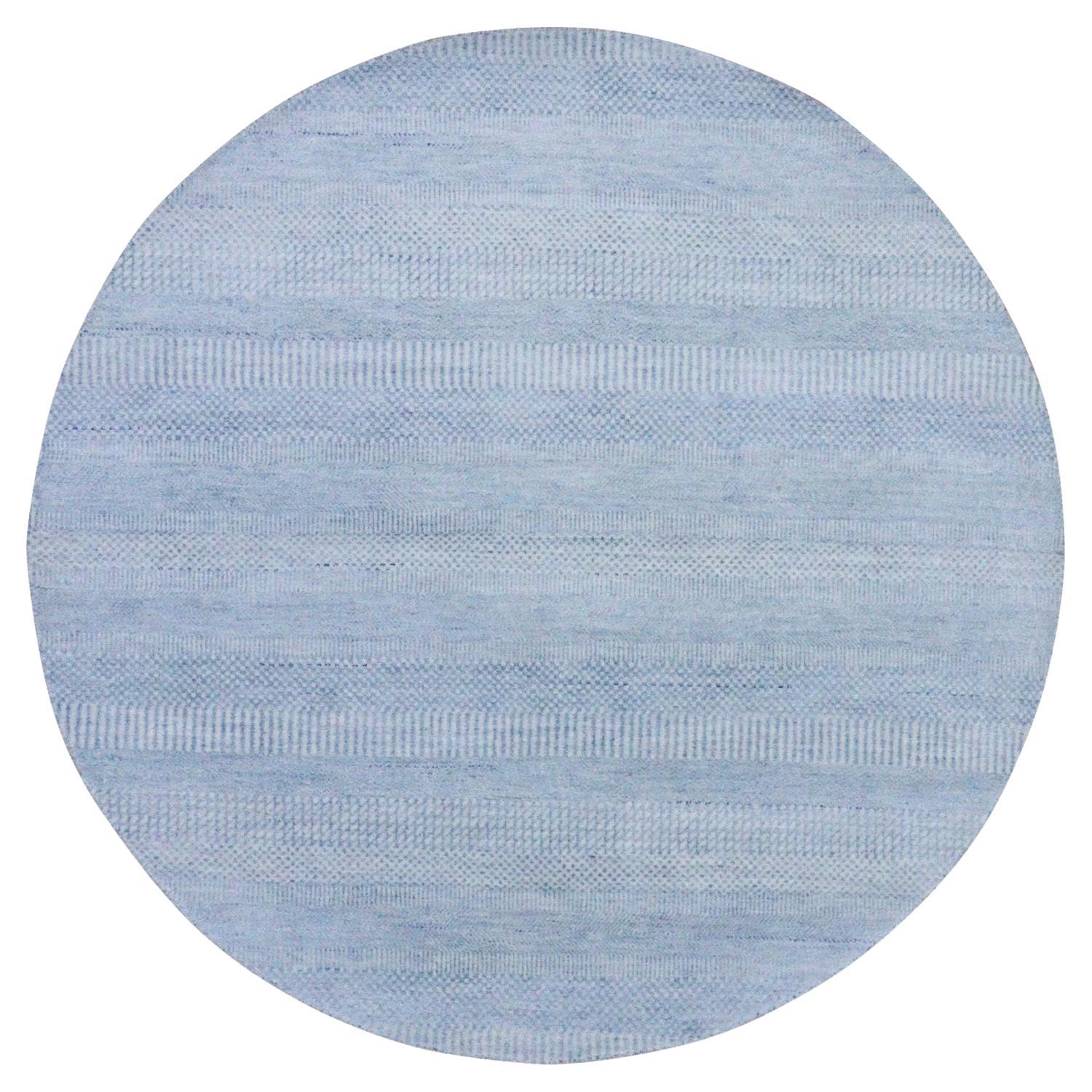 5'10 "x5'10" Blu, Tappeto rotondo in lana e seta annodato a mano, design moderno a base di erba