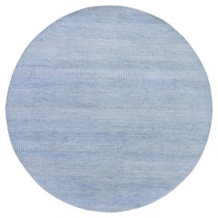 Tapis rond moderne à motif de gazon bleu, laine et soie noué à la main 5'10"x5'10"