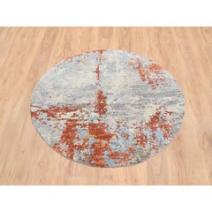 5'10 "x5'10" Crema-Ruggine, Disegno astratto, Tappeto rotondo annodato a mano in lana e seta