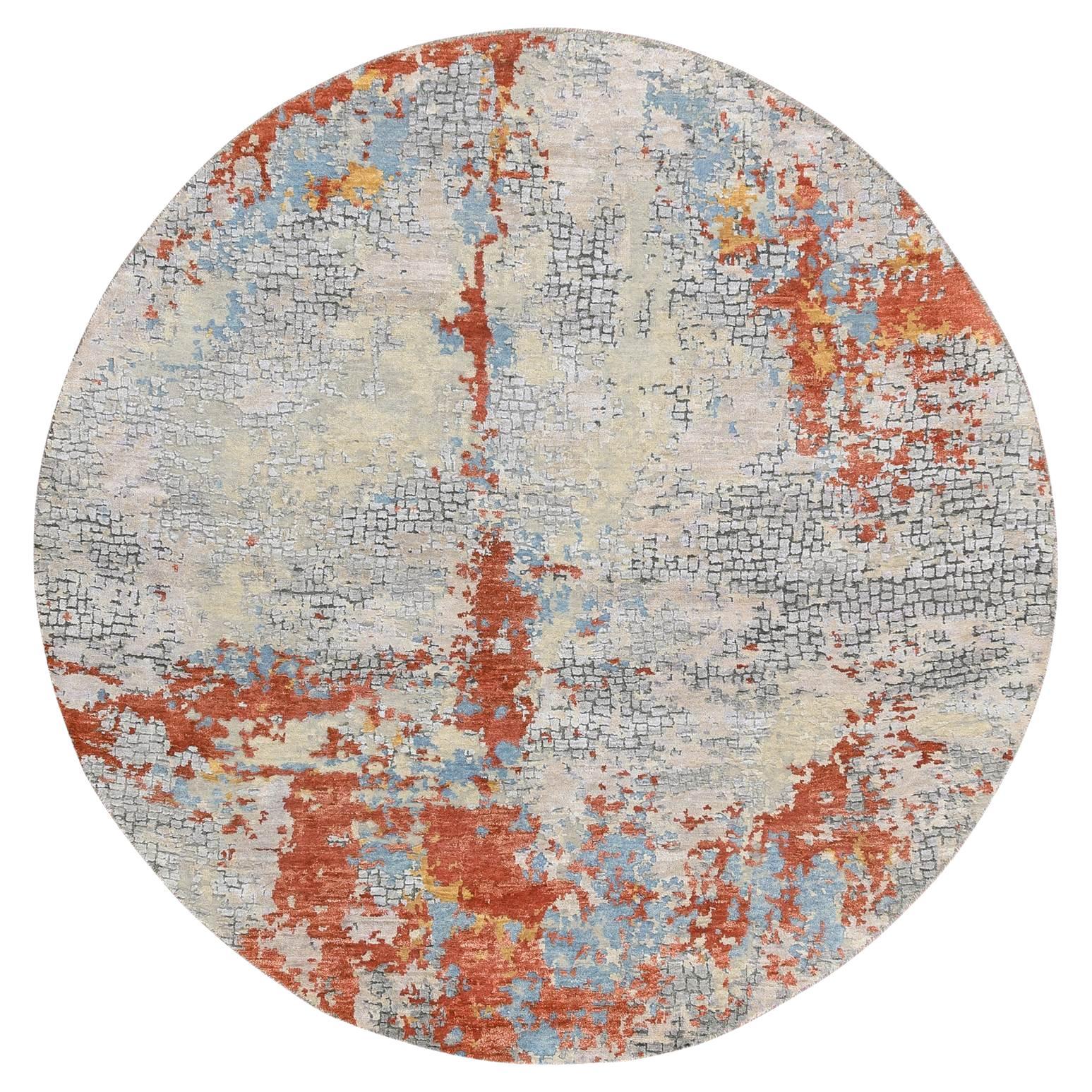 5
10 "x5
10" Creme-Rost, Abstraktes Design, Wolle und Seide Handgeknüpfter Runder Teppich