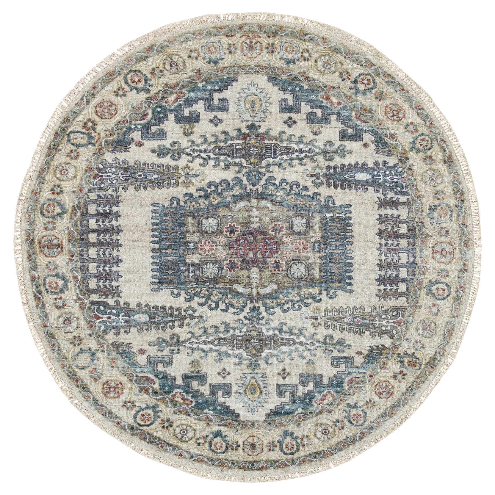 5'10"x5'10" Eggshell Ivory Wool Hand Knotted Reimagined Viss Design Round Rug