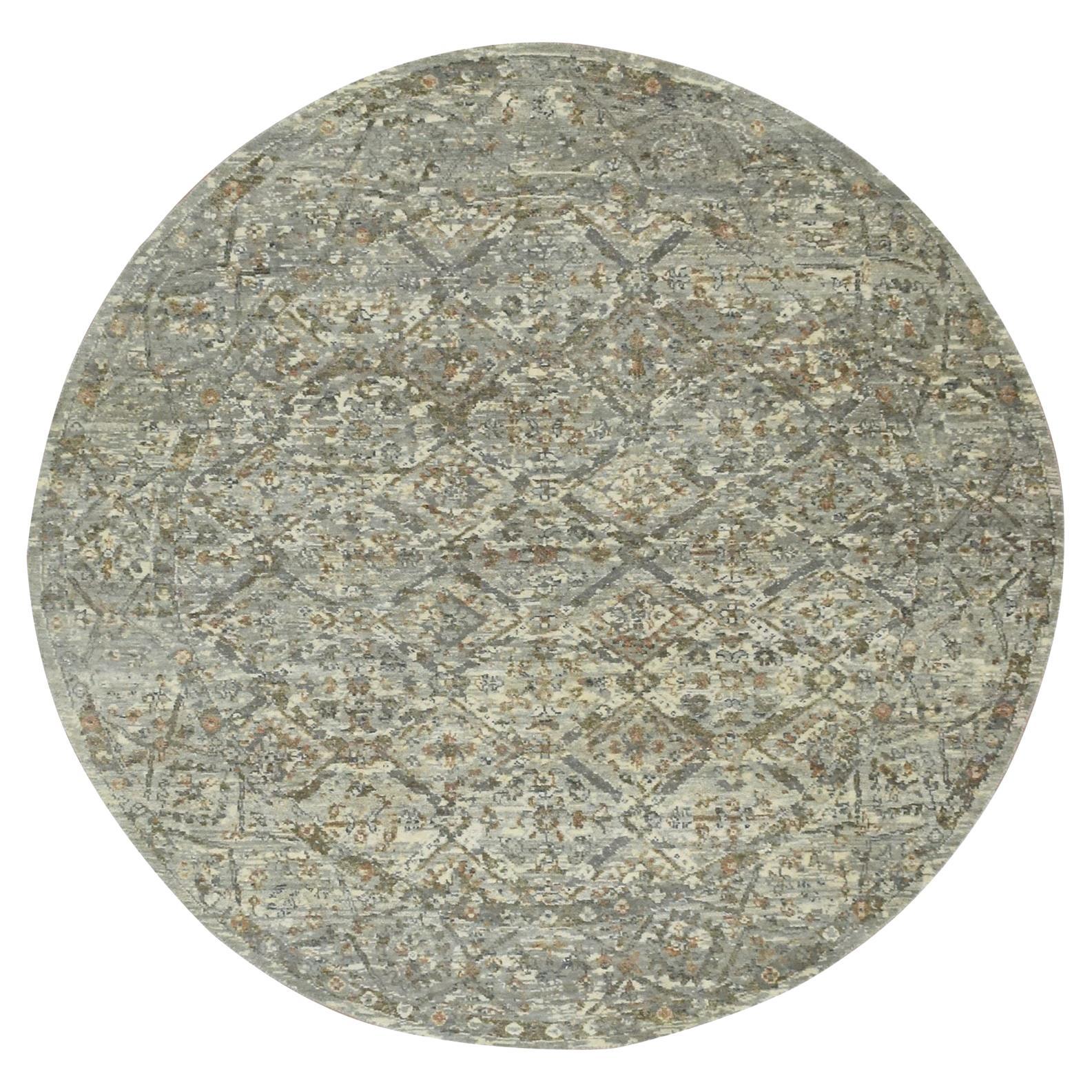 5
10"x5
10" Gray Wool Antique Finish Erased and Broken Garden Design Round Rug