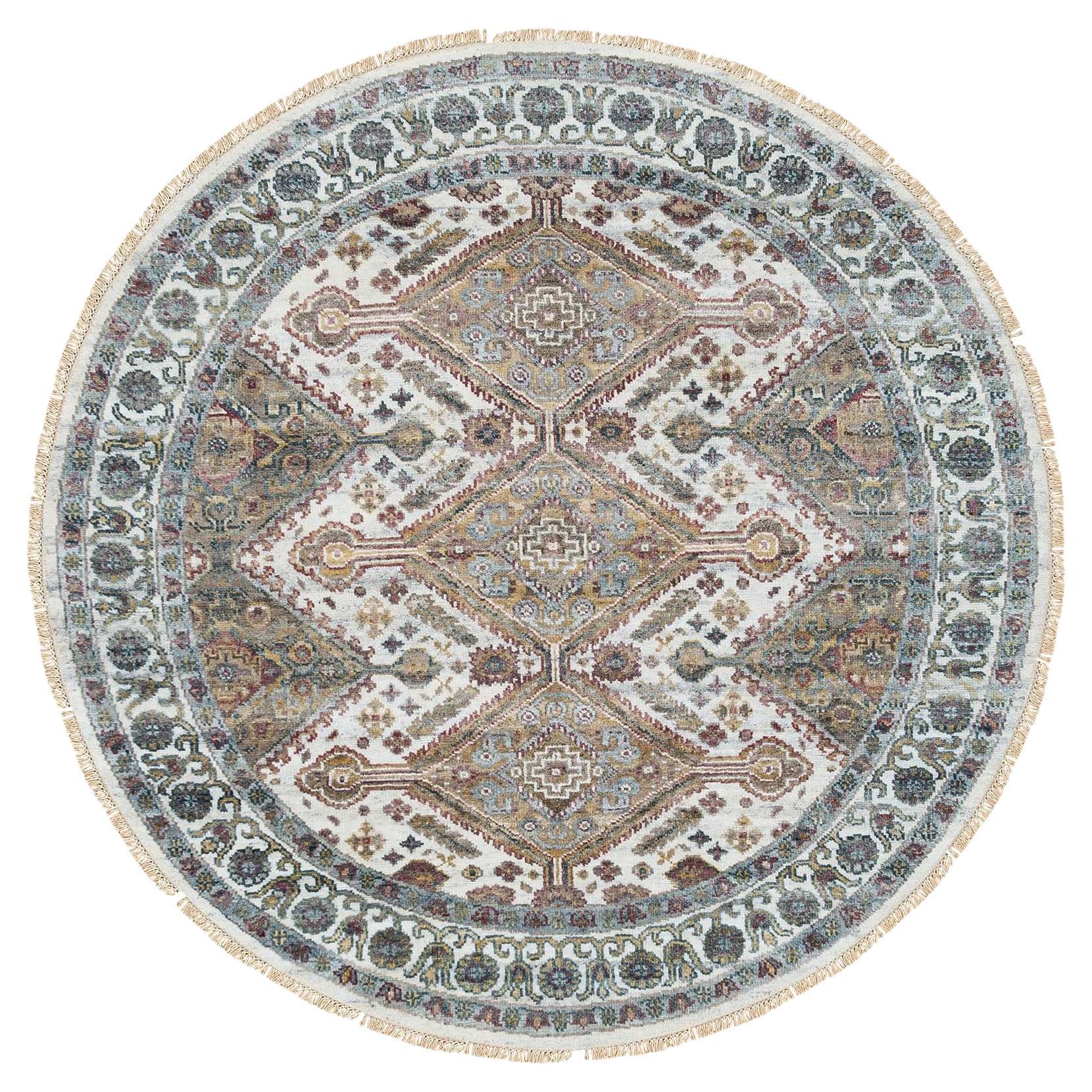5'10 "x5'10" Ivory Shiraz Rosettes Border Wool Hand Knots Rug Orientale Ronde