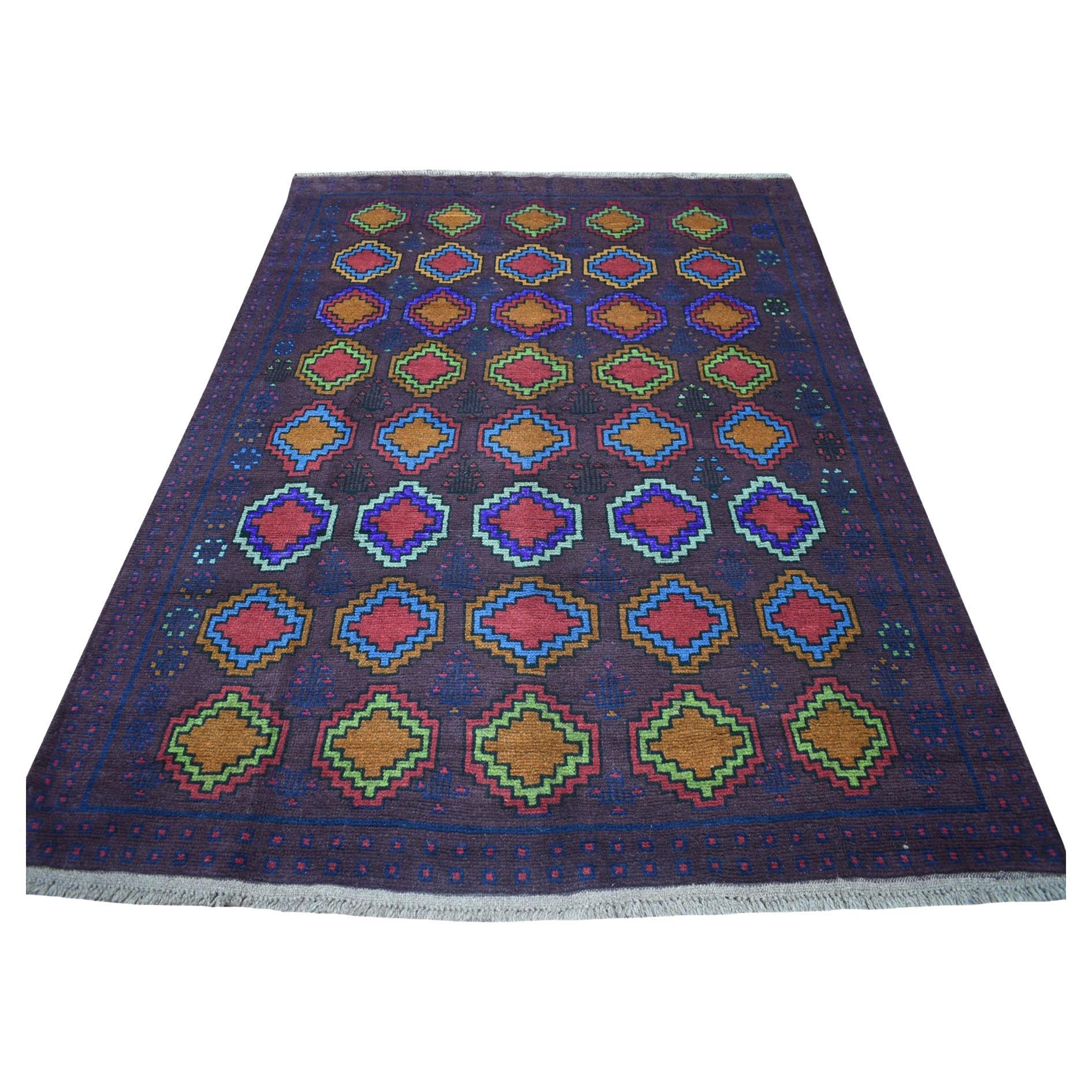 5'10 "x7'8" Purple Geometric Design Colorful Afghan Baluch Hand Knotsted Wool Rugs (tapis de laine nouée à la main) en vente