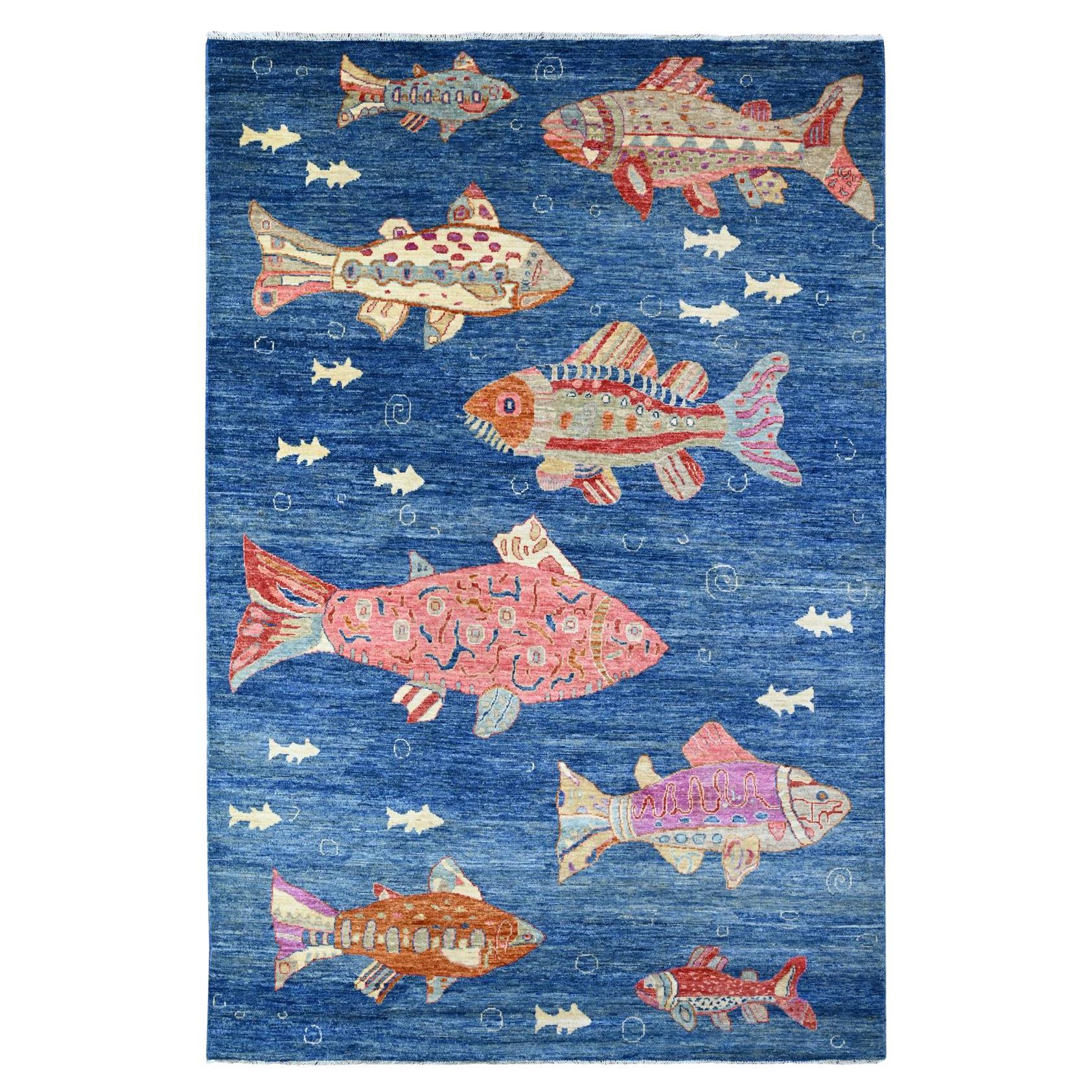 5'10 "x8'10" Azul Celeste Peshawar Peshawar Alfombra Anudada a Mano de Lana de Coloridos Peces