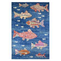 5'10 "x8'10" Azul Celeste Peshawar Peshawar Alfombra Anudada a Mano de Lana de Coloridos Peces