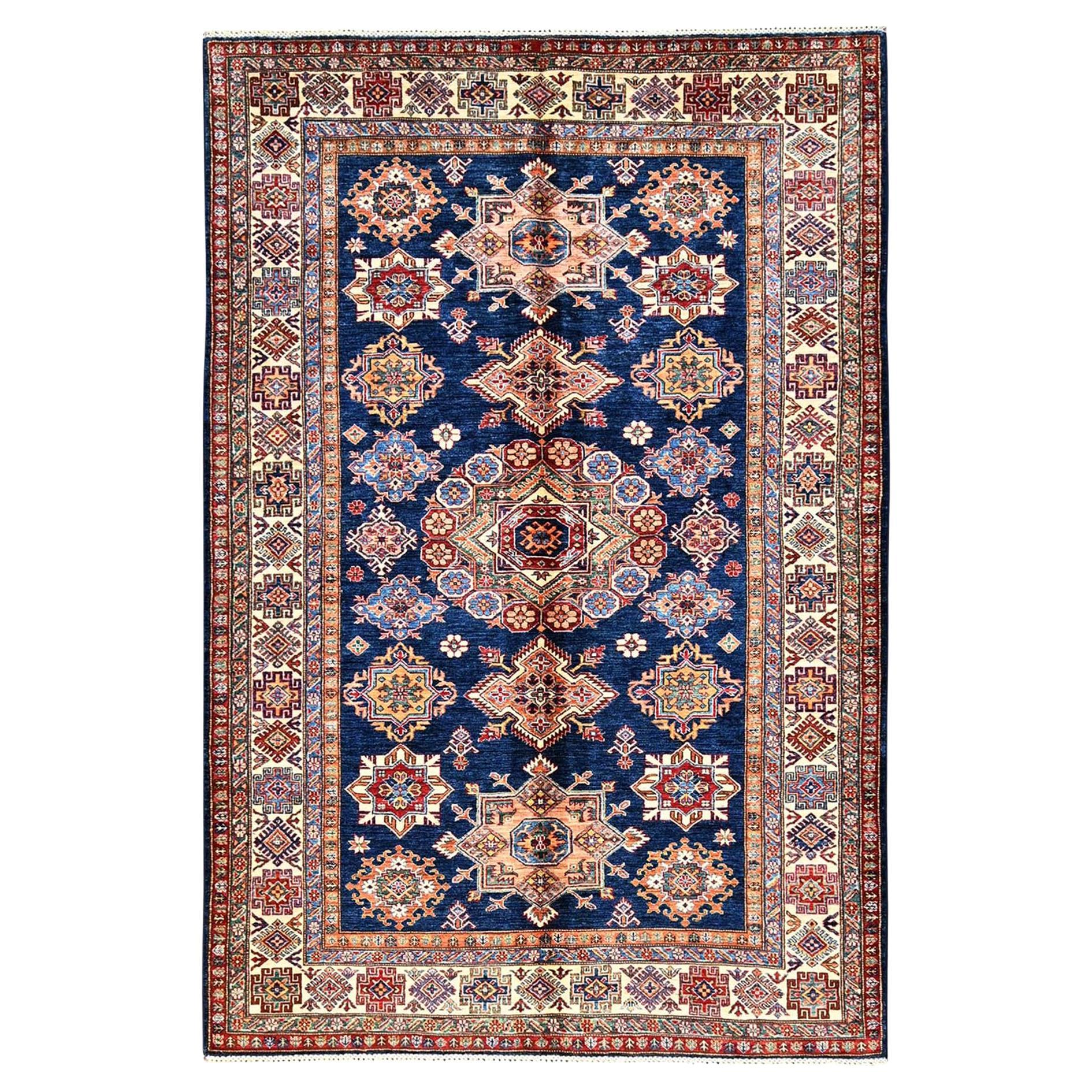 5
10 "x8
10" Bleu marine Afghan Super Kazak Medallions Design Tapis en laine noué à la main