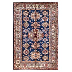5
10 "x8
10" Bleu marine Afghan Super Kazak Medallions Design Tapis en laine noué à la main
