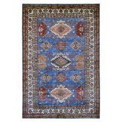 5'10"x8'10" Navy Blue Afghan Super Kazak Medallions Design Hand Knotted Wool Rug