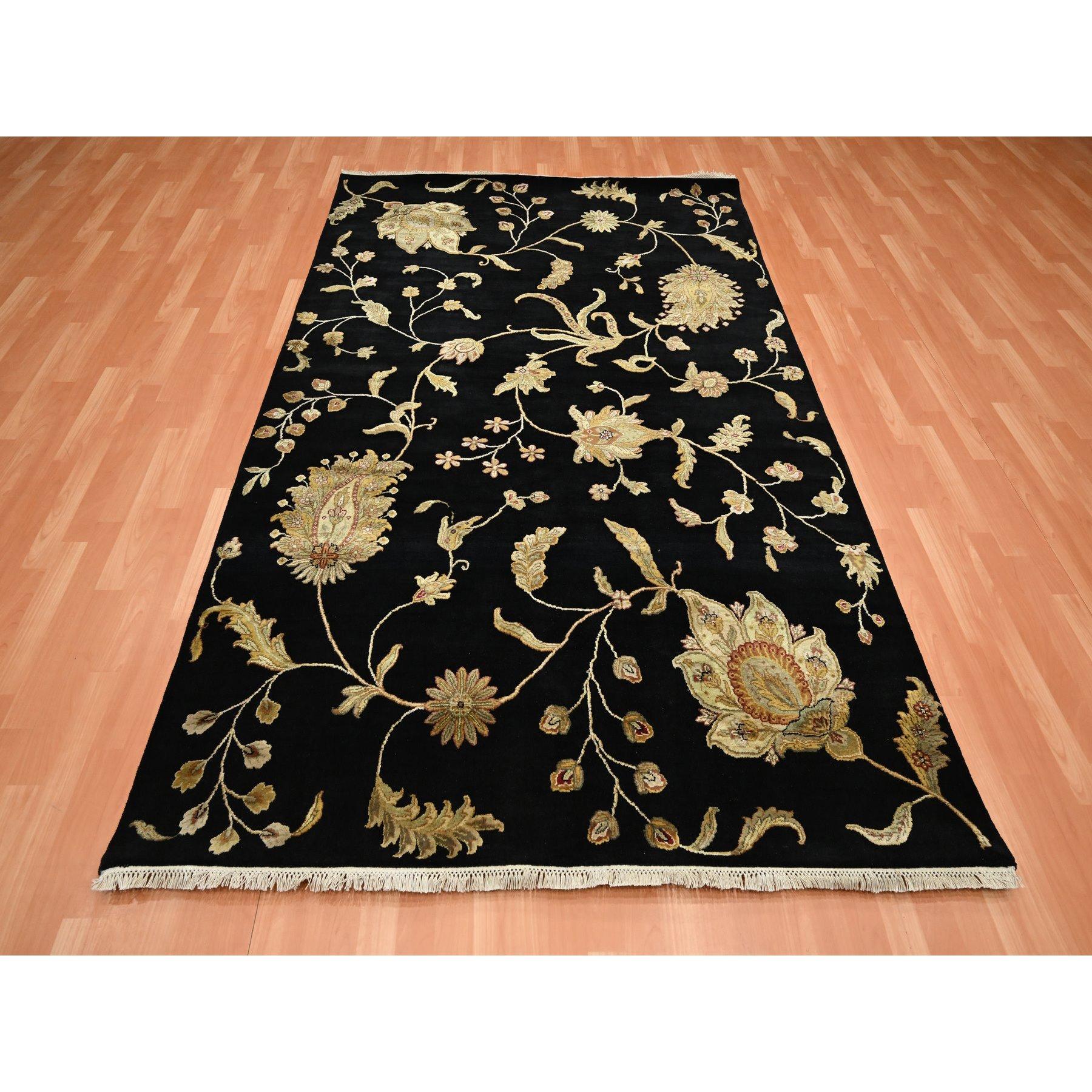 Onyx Black, Borderless Botanical Design, Half Wool and Half Silk, Densely Woven, Soft Pile, Hand Knotted, Oriental Rug
Primary materials: Wool & Silk
Latex: No Pile 
height: 0.25 Inches
Style: Traditional
Primary color: Black
Secondary colors:
