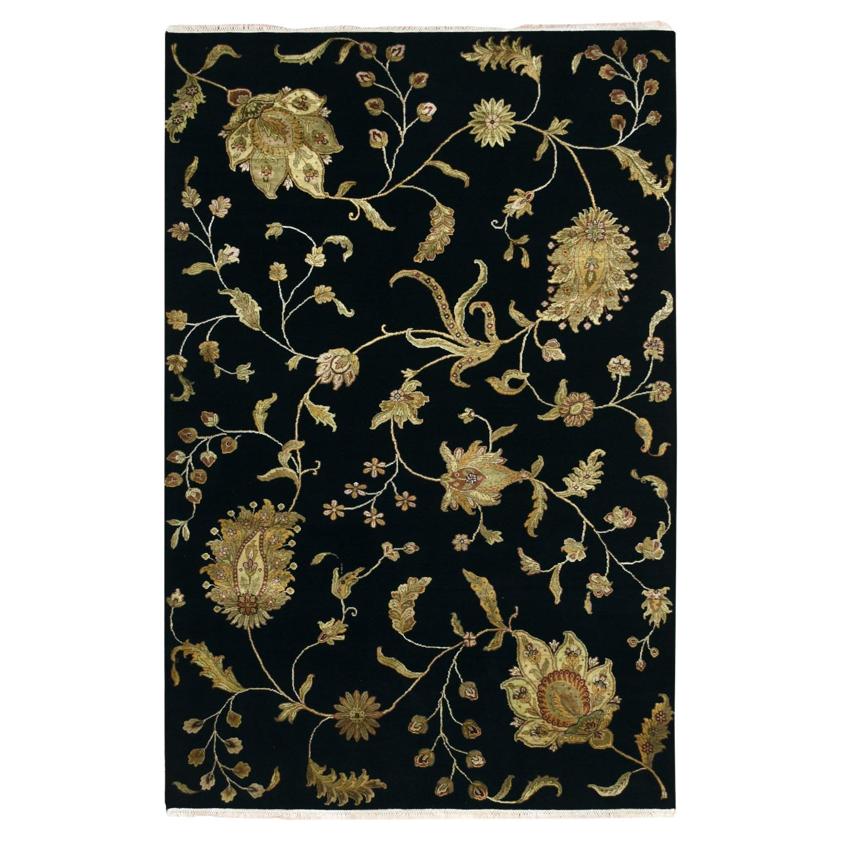 5'10"x8'10" Onyx Black Botanical Design Wool and Silk Hand Knotted Oriental Rug For Sale
