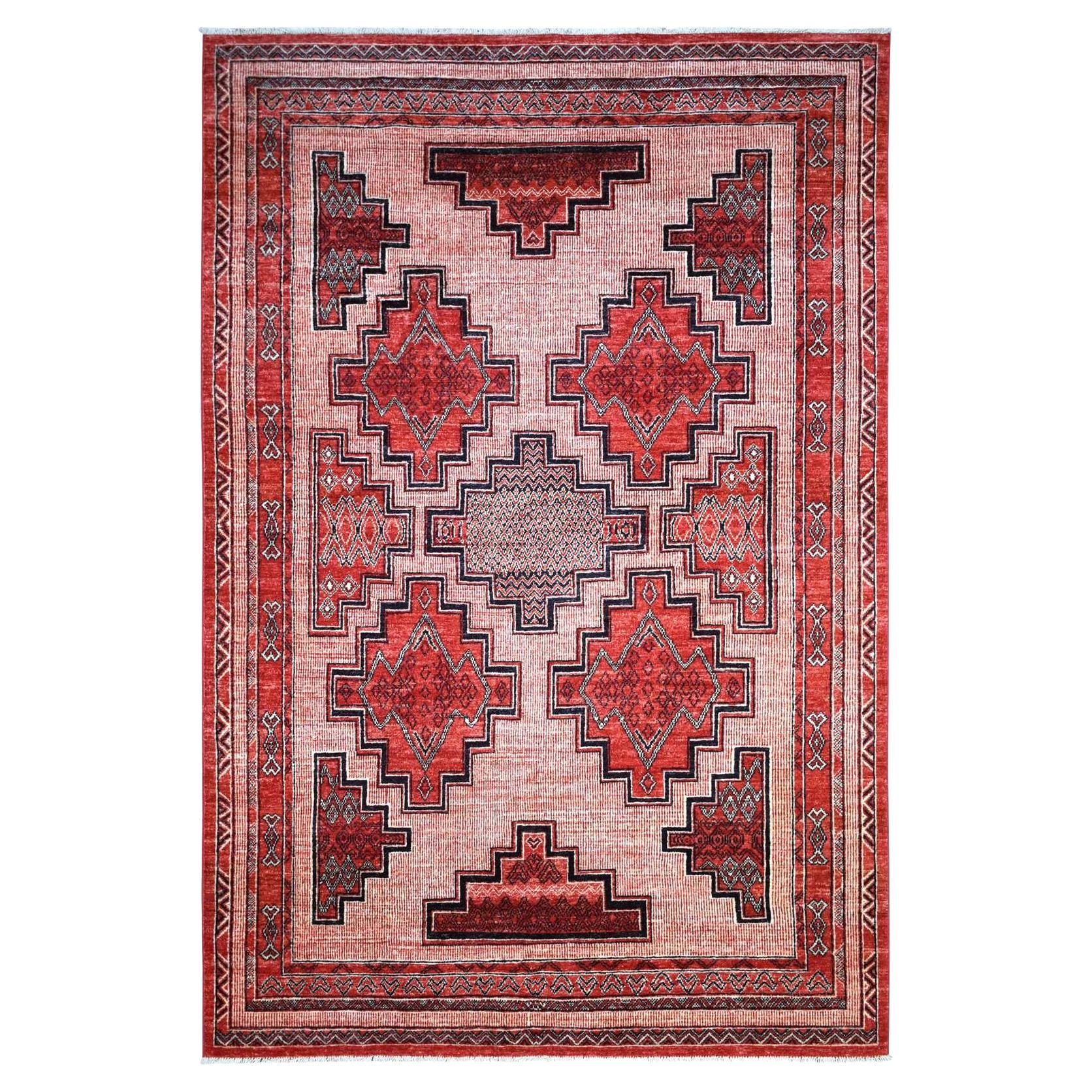 5'10"x8'10" Red Peshawar Berber Motif Pure Wool Hand Knotted Oriental Rug
