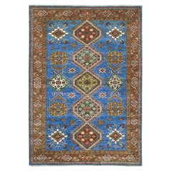 5'10"x8'5" Blue Afghan Super Kazak Geometric Medallions Hand Knotted Wool Rug