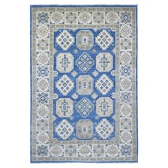 5'10"x8'8" Blue Vintage Look Kazak with Geometric Elements Wool Hand Knotted Rug