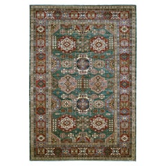 5'10"x8'8" Teal Green Afghan Super Kazak Medallions Design Hand Knotted Wool Rug