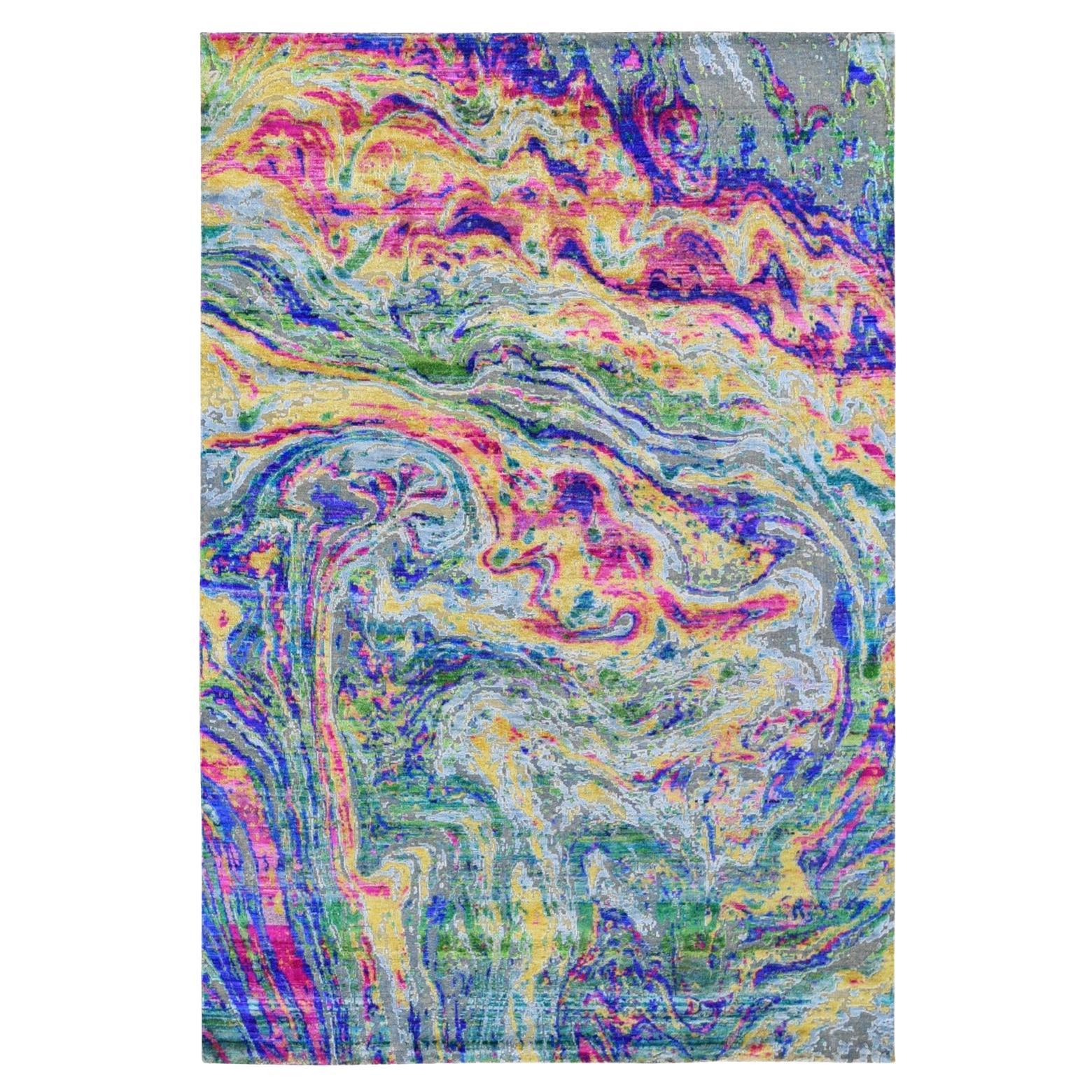 5'10"x8'8" THE LAVA Colorful Sari Silk with Textured Wool Hand Knotted Rug