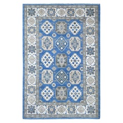 5'10"x8'9" Blue Vintage Look Kazak with Geometric Motifs Hand Knotted Wool Rug